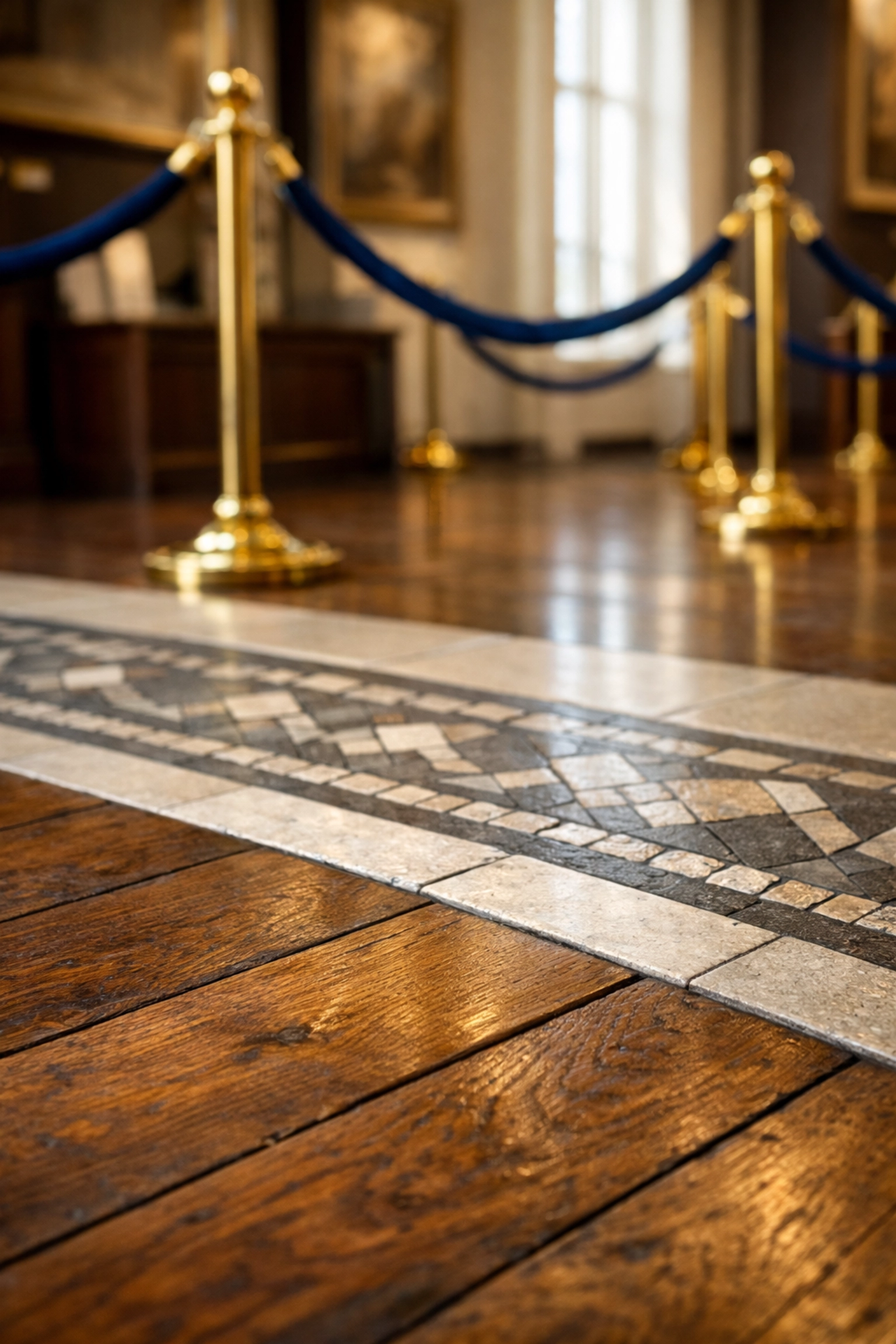 Expertly cleaned historic wood and stone flooring in a Plymouth MA museum.