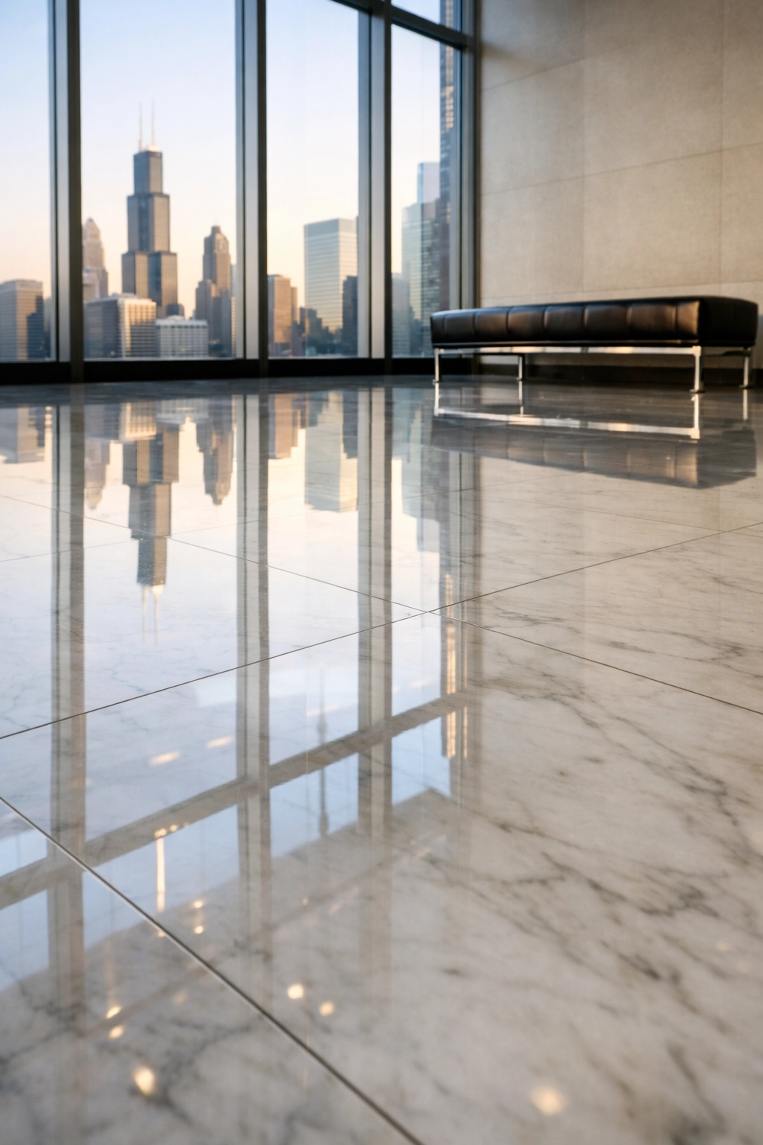 Polished marble lobby floor in a modern Chicago office building reflecting natural sunlight.