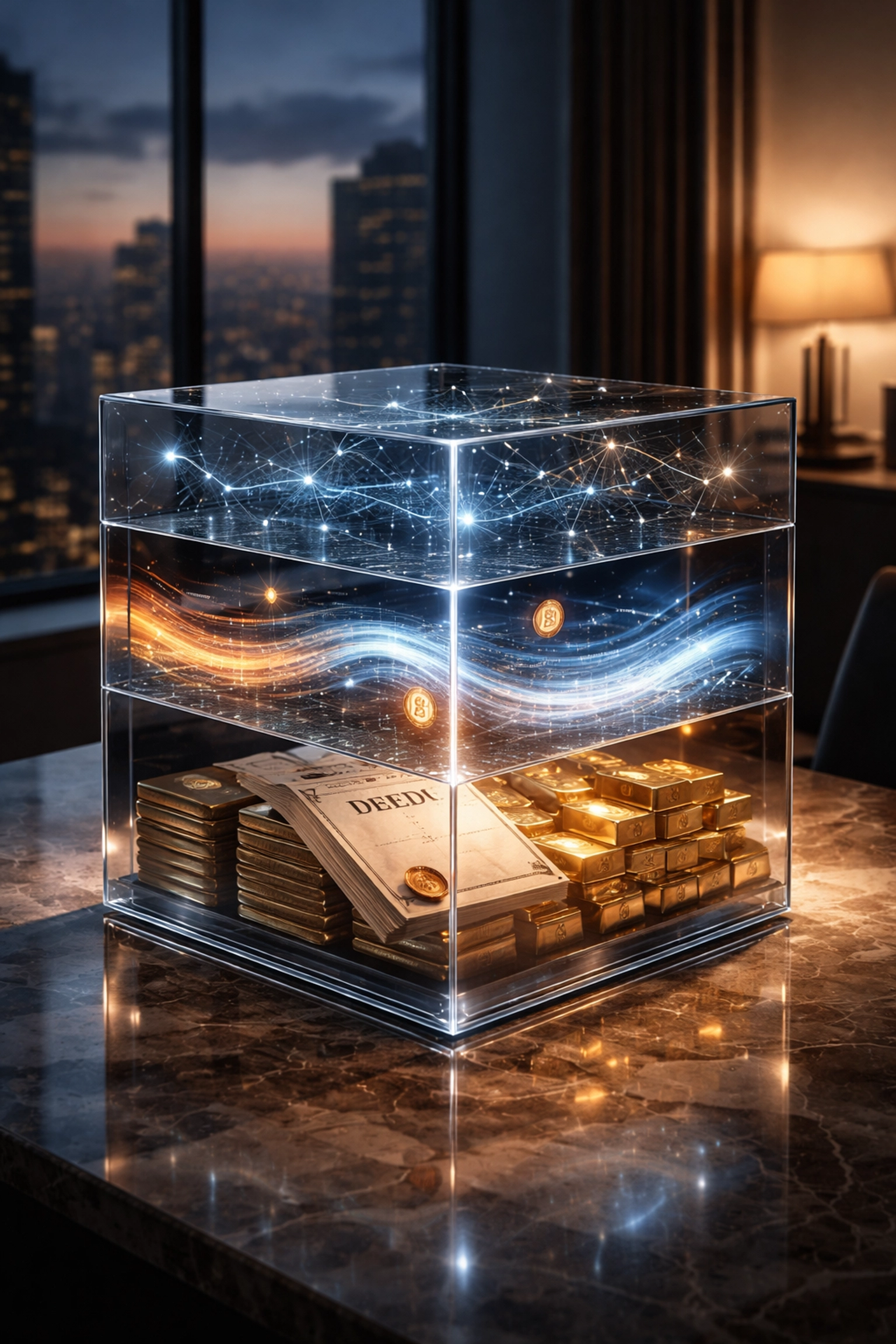 A glass cube revealing gold bars, digital currency, and a network, representing multi-layered institutional investment strategy.