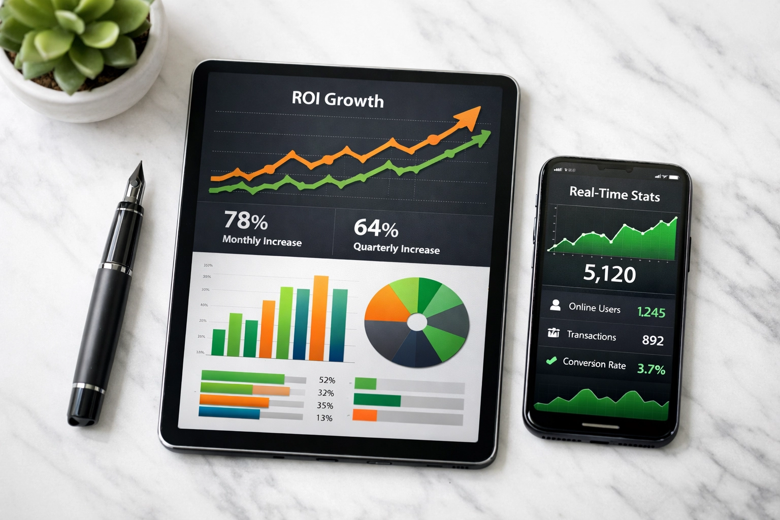 Real-time marketing data and ROI performance charts displayed on a tablet for strategic decision-making.