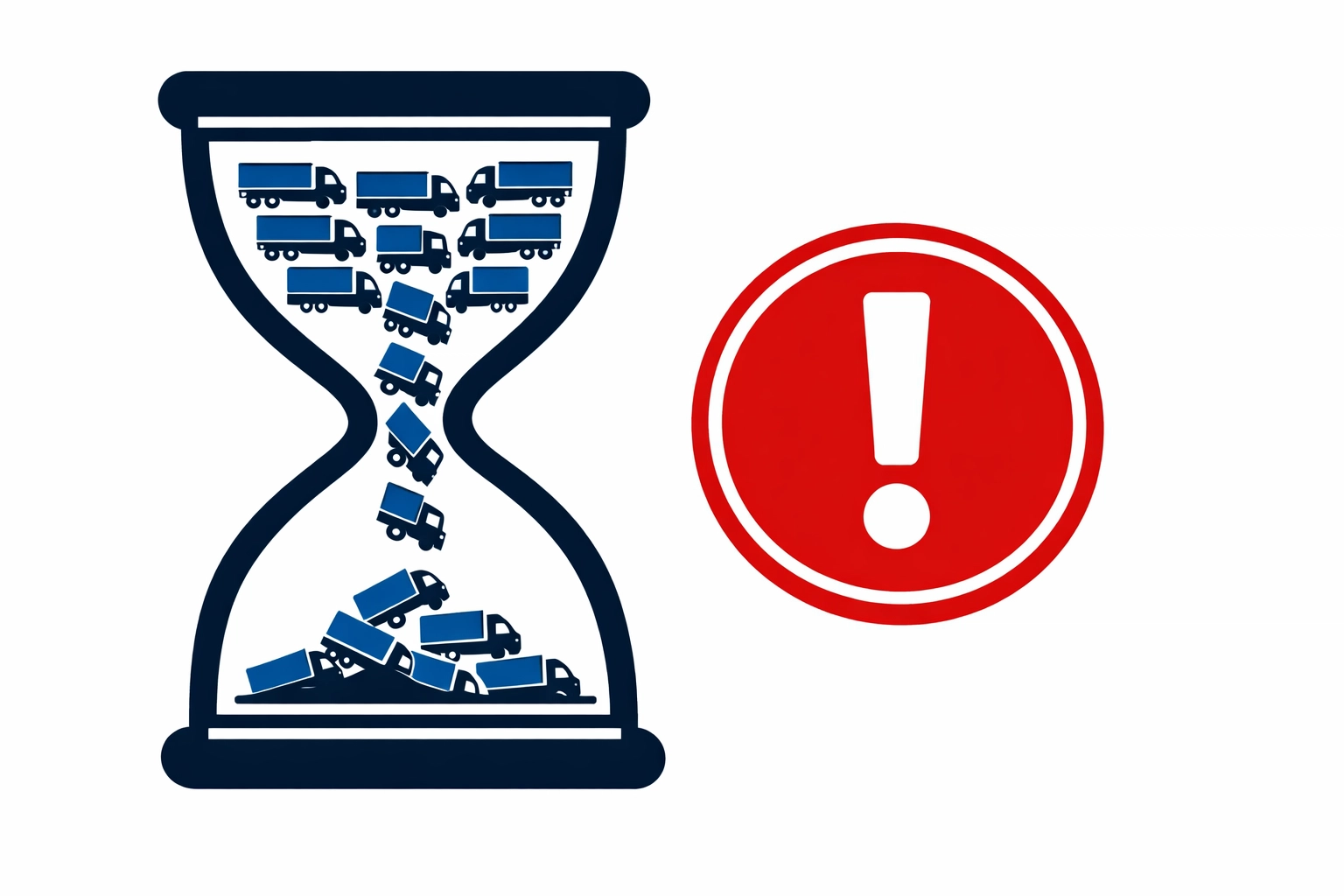 Hourglass with truck icons and a warning sign highlighting the importance of Driver CPC compliance.