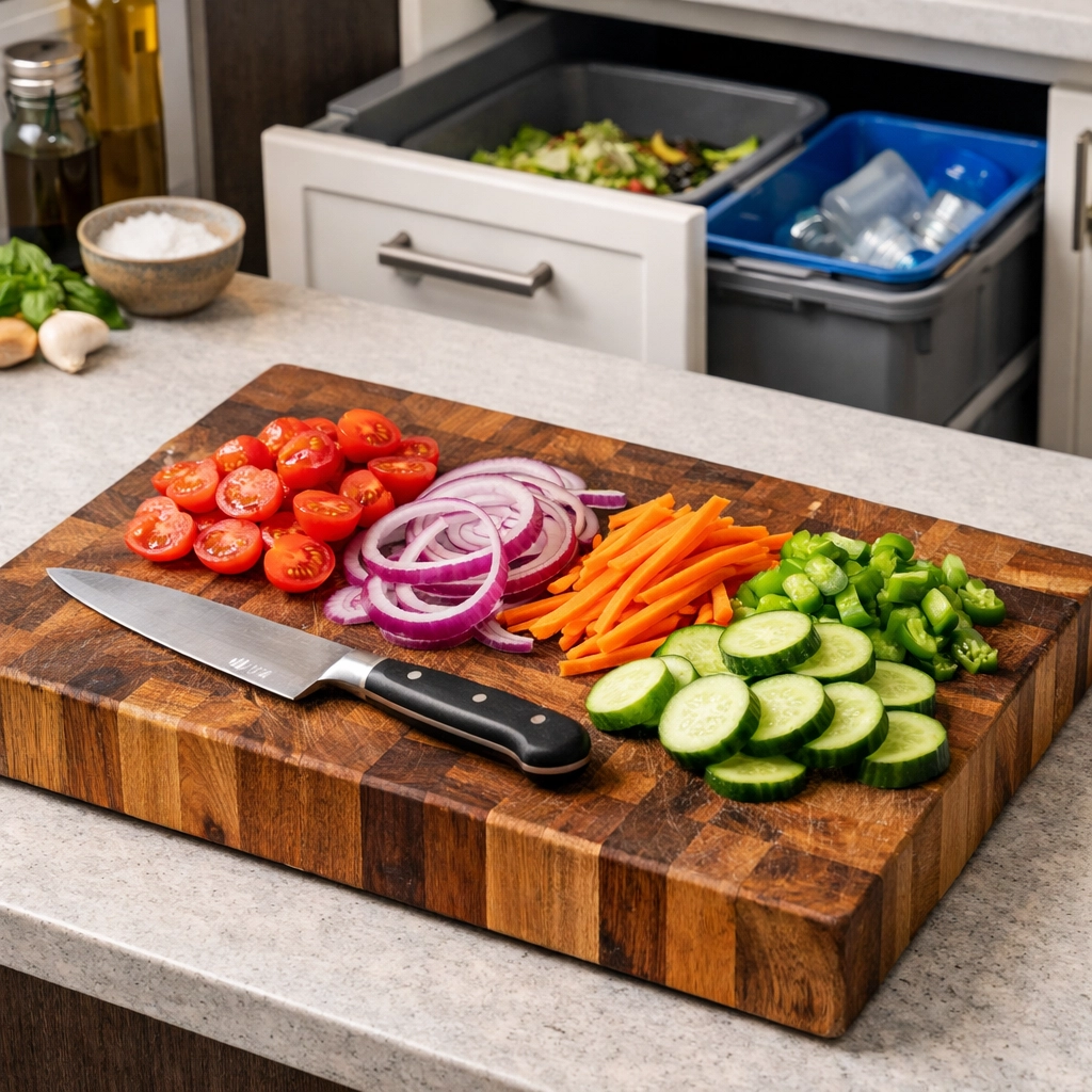 Functional prep zone in a Bay Village kitchen remodel with a wooden butcher block and hidden storage.