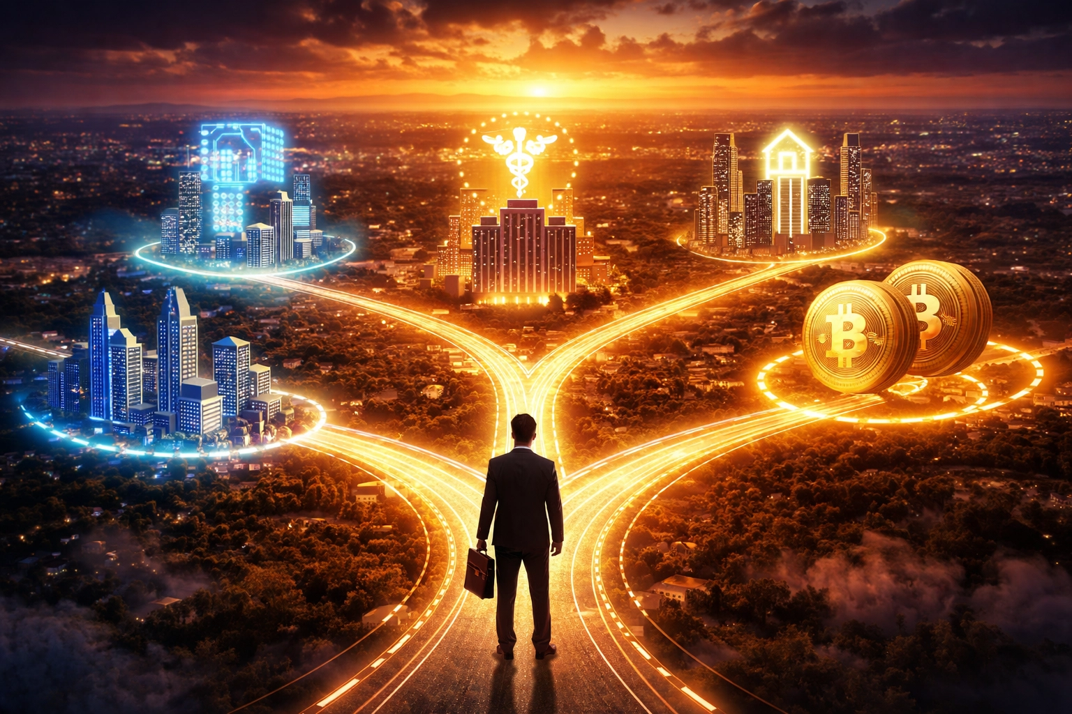 Investor at financial crossroads symbolizing diversification across tech, healthcare, real estate, and crypto sectors