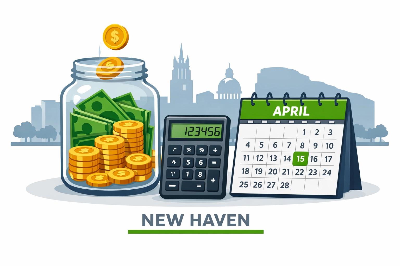 A savings jar and calculator with the New Haven skyline, symbolizing how to maximize your 2026 tax refund.