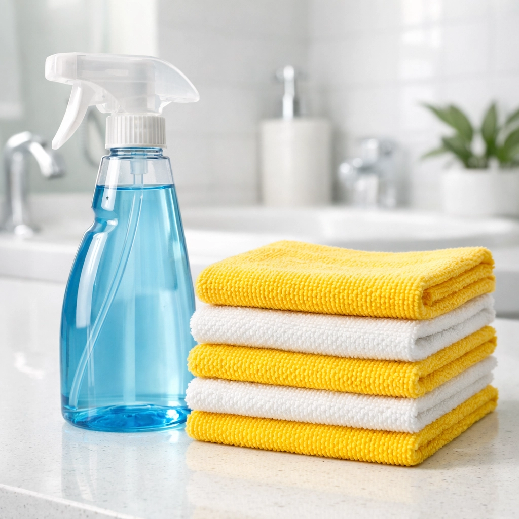 Eco-friendly house cleaning MA supplies and microfiber cloths used for professional deep cleaning.