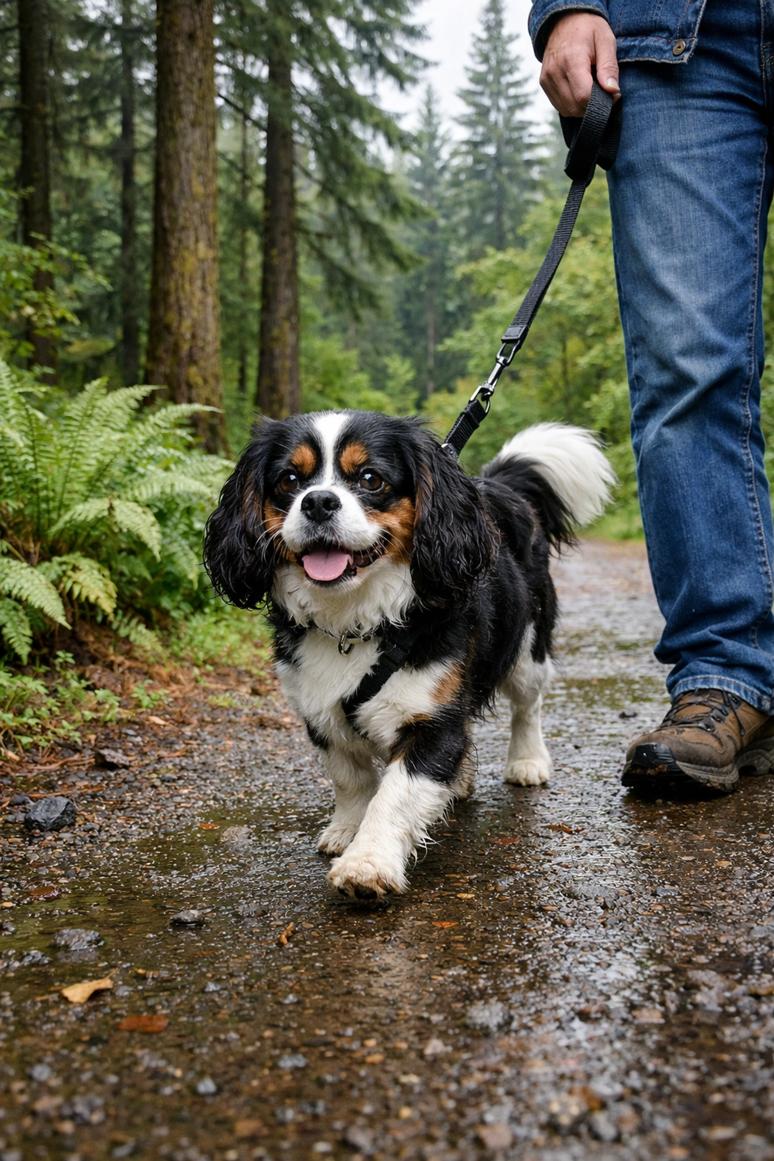 A puppy from an AKC Cavalier King Charles breeder in Boring, Oregon walking through a green park.