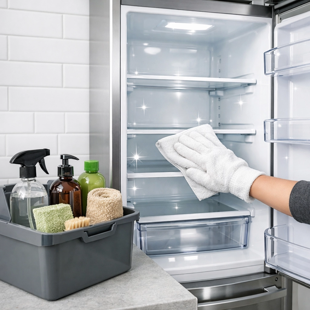 Professional cleaner deep cleaning refrigerator interior during apartment make ready turnover