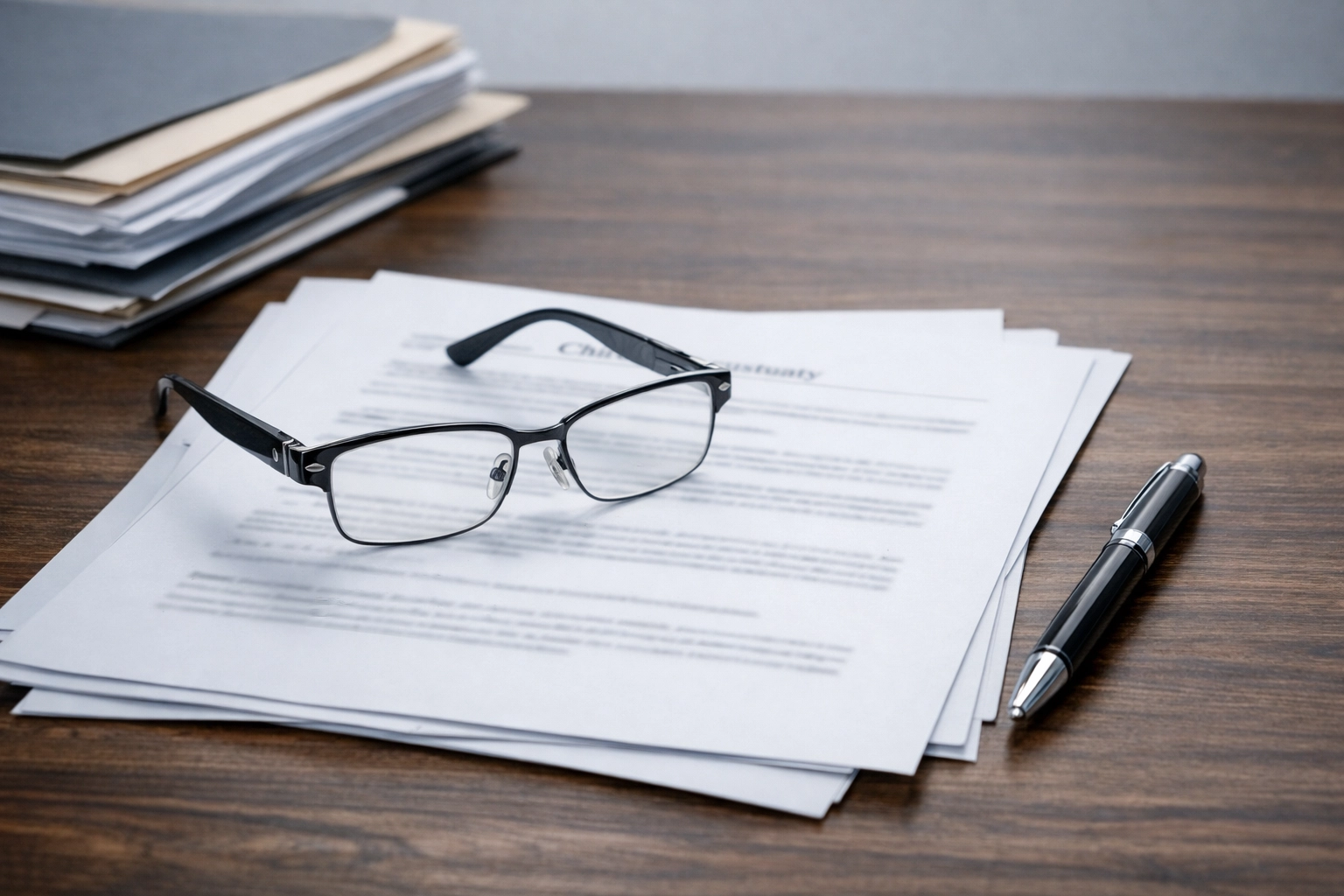 Reading glasses resting on legal custody documents on a wooden desk, symbolizing legal preparation for a Guardian ad Litem custody case