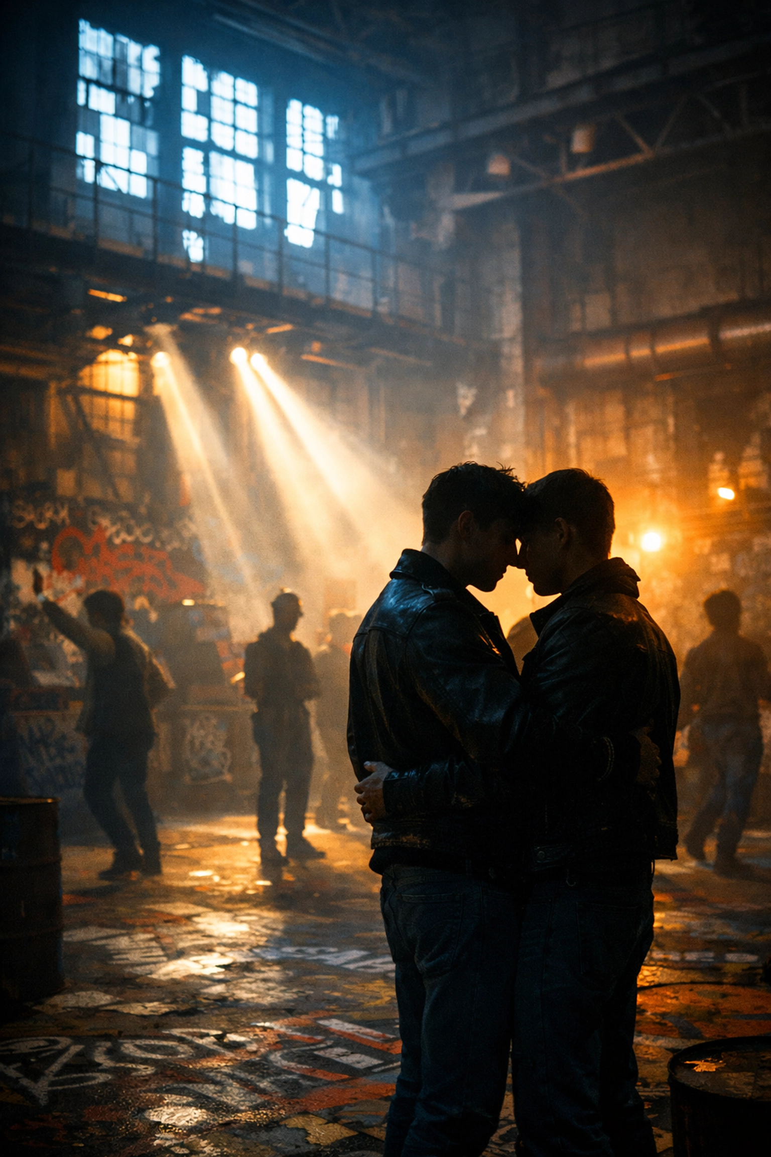 Gay couple embracing in abandoned Berlin power plant turned techno dance floor in 1990s