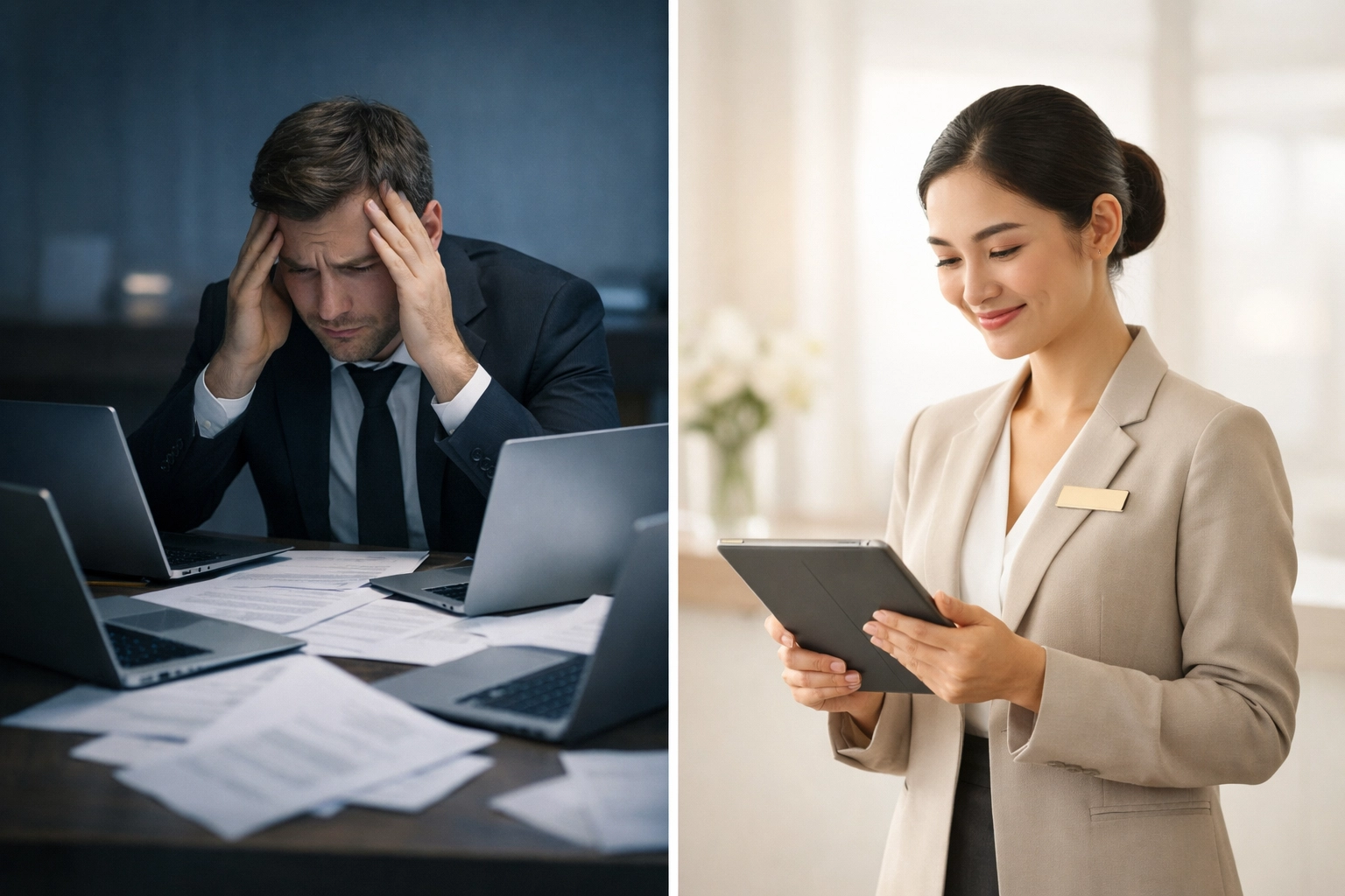 Hotel manager using all-in-one PMS tablet versus multiple disconnected hotel management systems