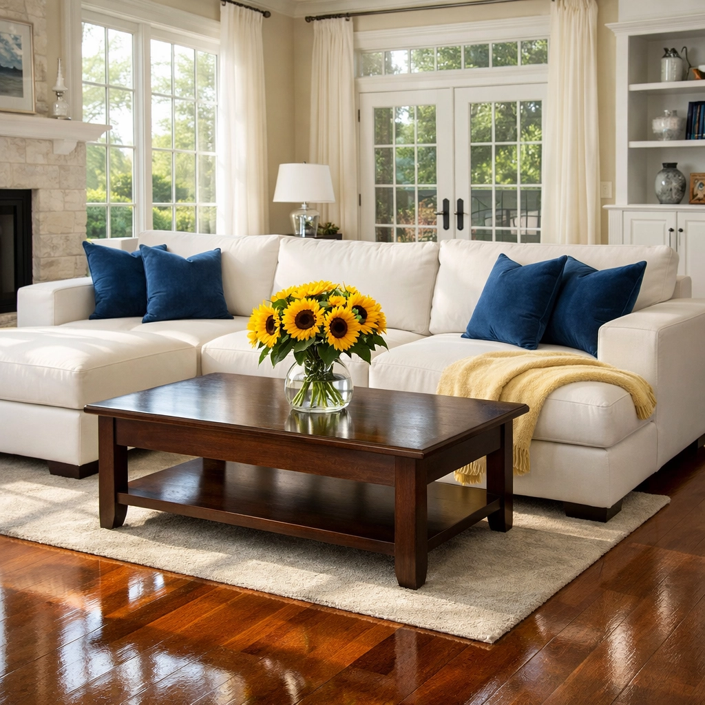 Spotless living room with polished hardwood floors after professional bi-weekly house cleaning in Holliston.