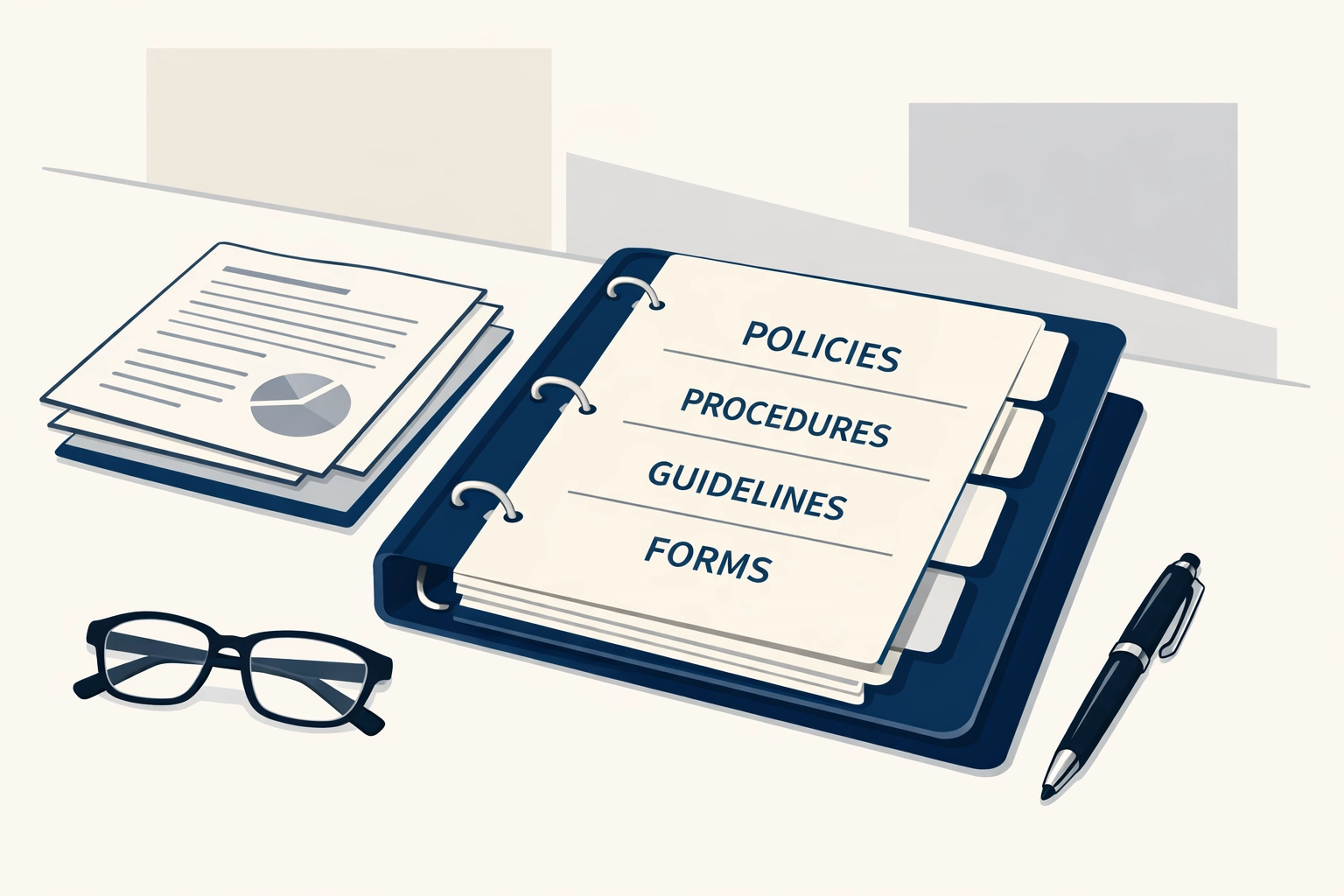 Organized church policy binder and documents representing structure and accountability systems