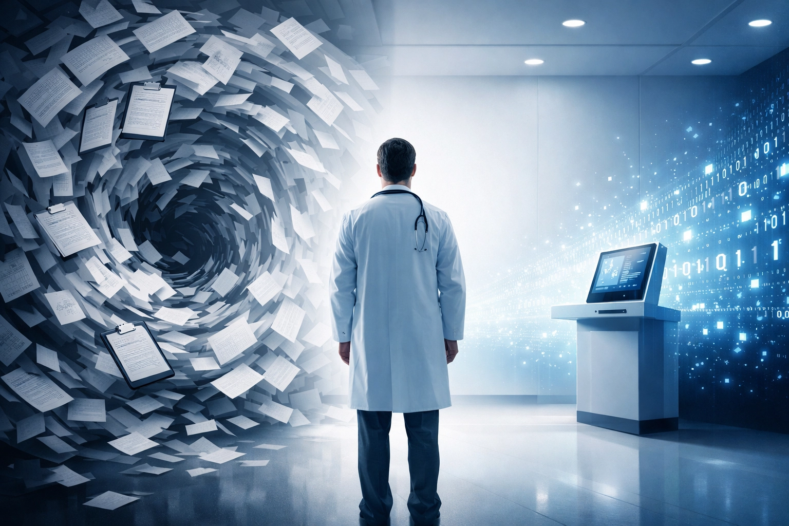 Healthcare professional transitioning from manual paperwork to a streamlined AI intake digital workflow.