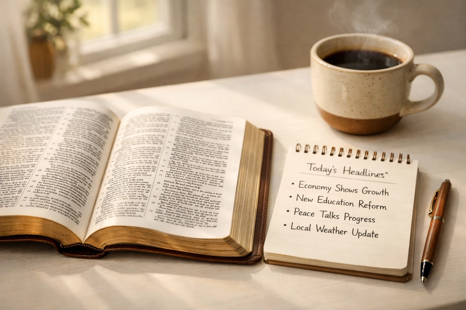 Open Bible with coffee and notebook listing news headlines on peaceful desk