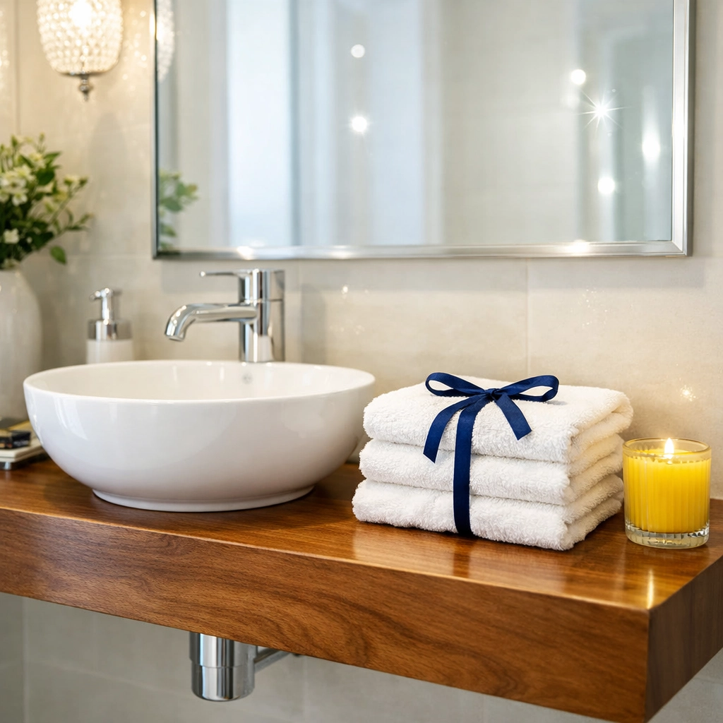 Sanitized modern powder room in Shrewsbury featuring a clean vanity and sparkling mirrors.