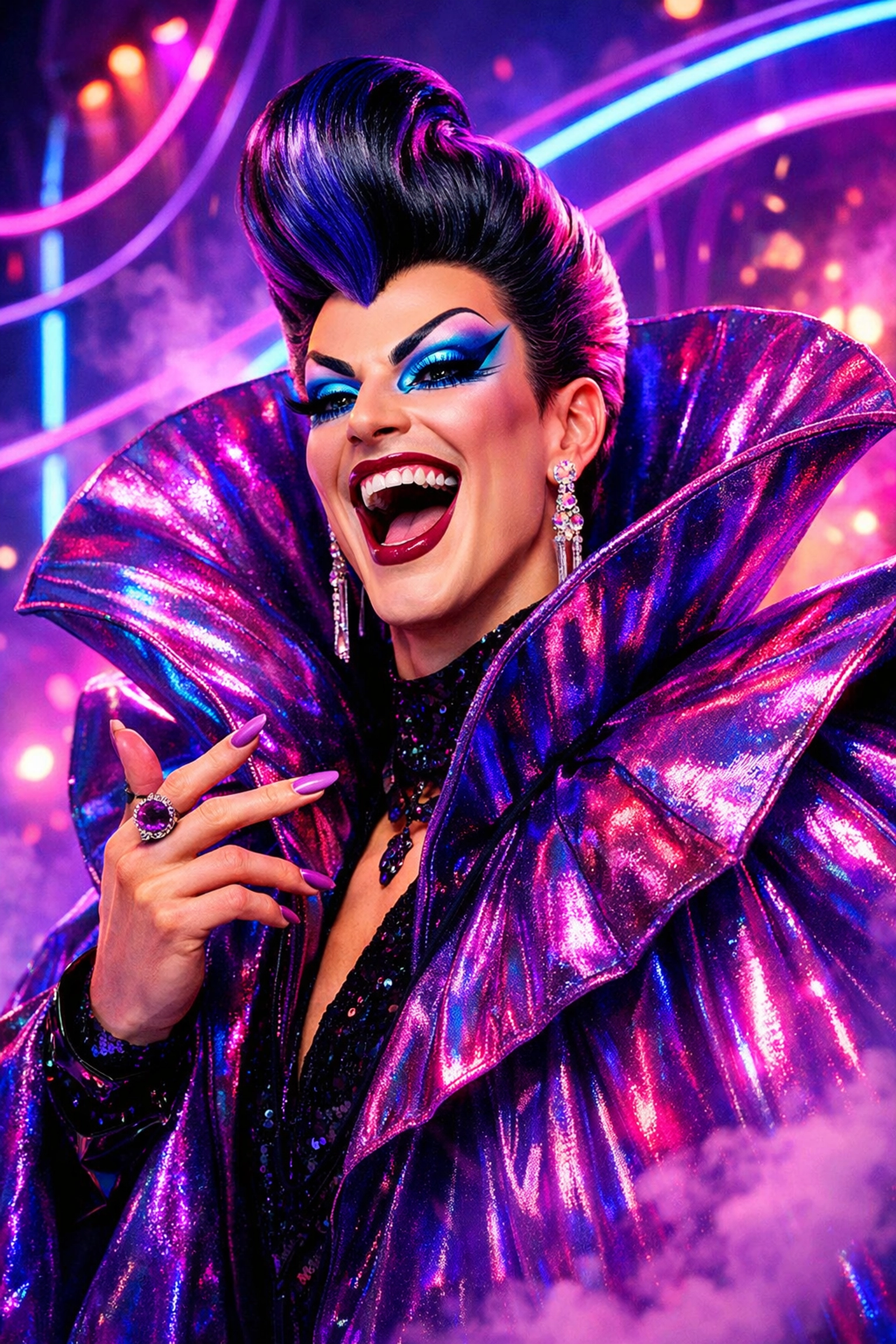 A theatrical and flamboyant character with neon makeup and a cape representing campy queer villains in stories.