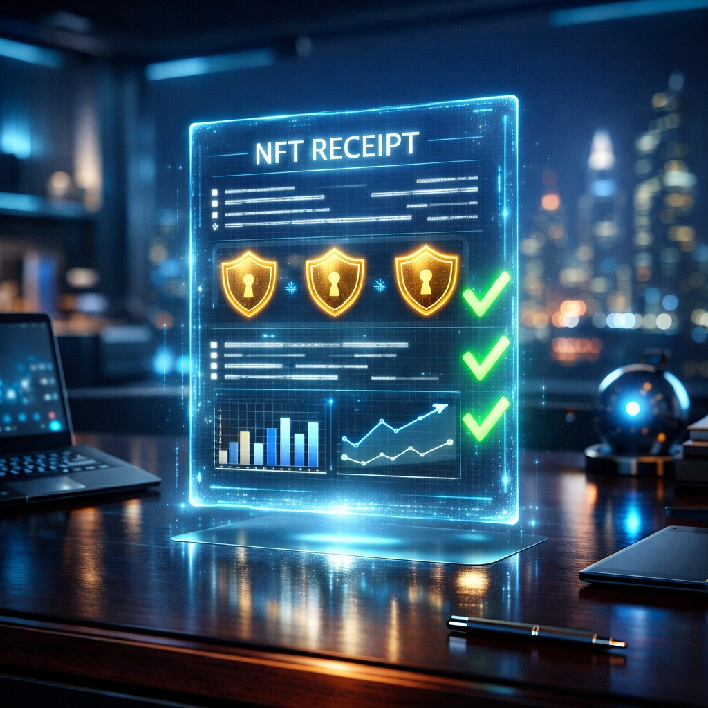 Secure NFT receipts for merchant accounting shown as a holographic document in a digital office.