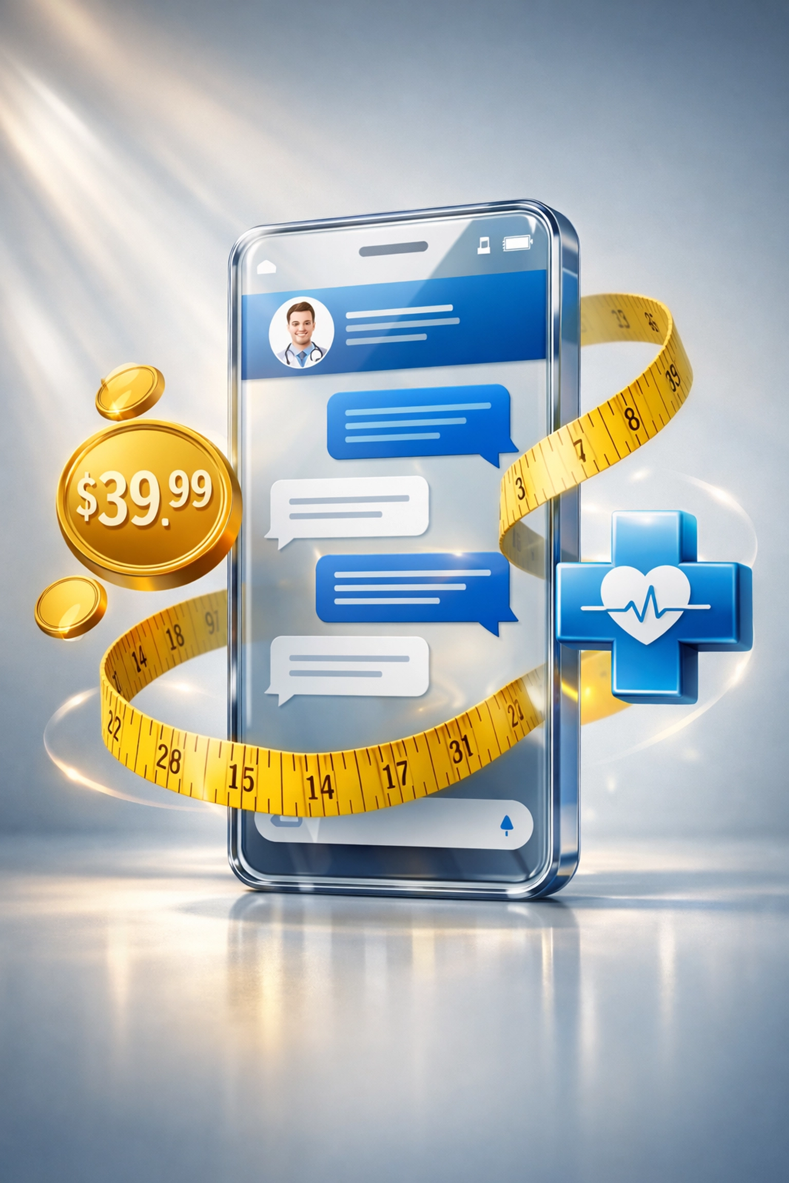 Affordable $39.99 telehealth consultation for weight loss via secure medical messaging on a smartphone.