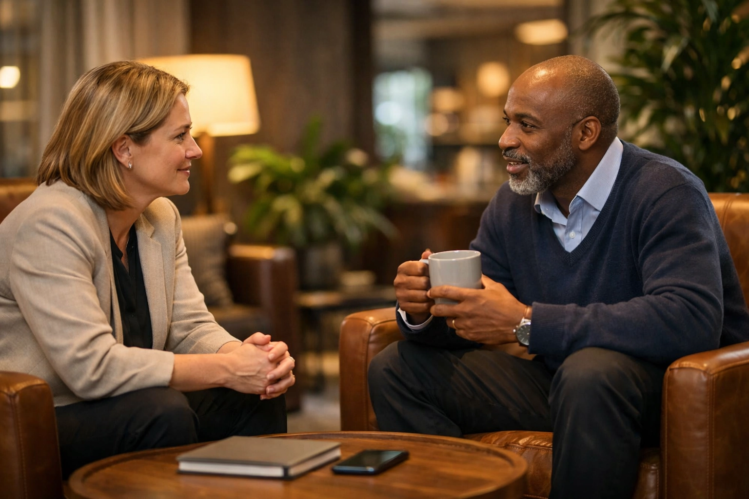 Colleagues having a supportive face-to-face check-in meeting to improve workplace communication and trust.