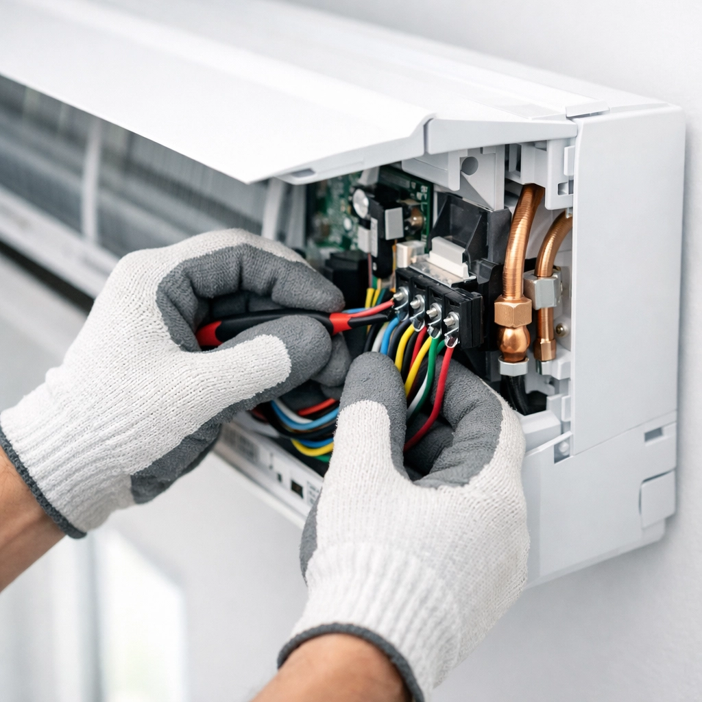 Licensed electrician wiring a ductless mini-split unit for safe installation in Maine.