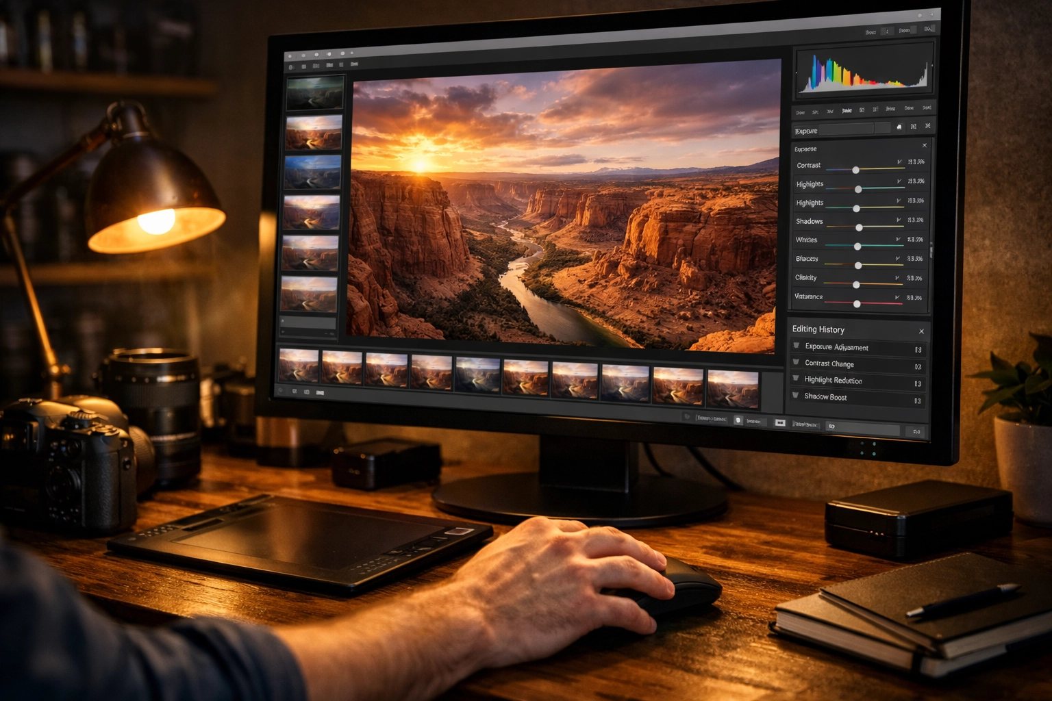 A professional photography studio monitor displaying the Luminar Neo Edits tab for landscape photos.