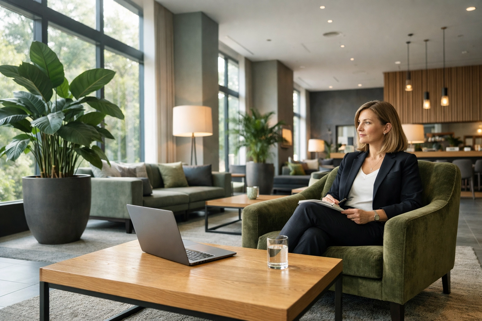 A professional traveler working in a modern hotel lounge, representing the rise of blended travel and workations.