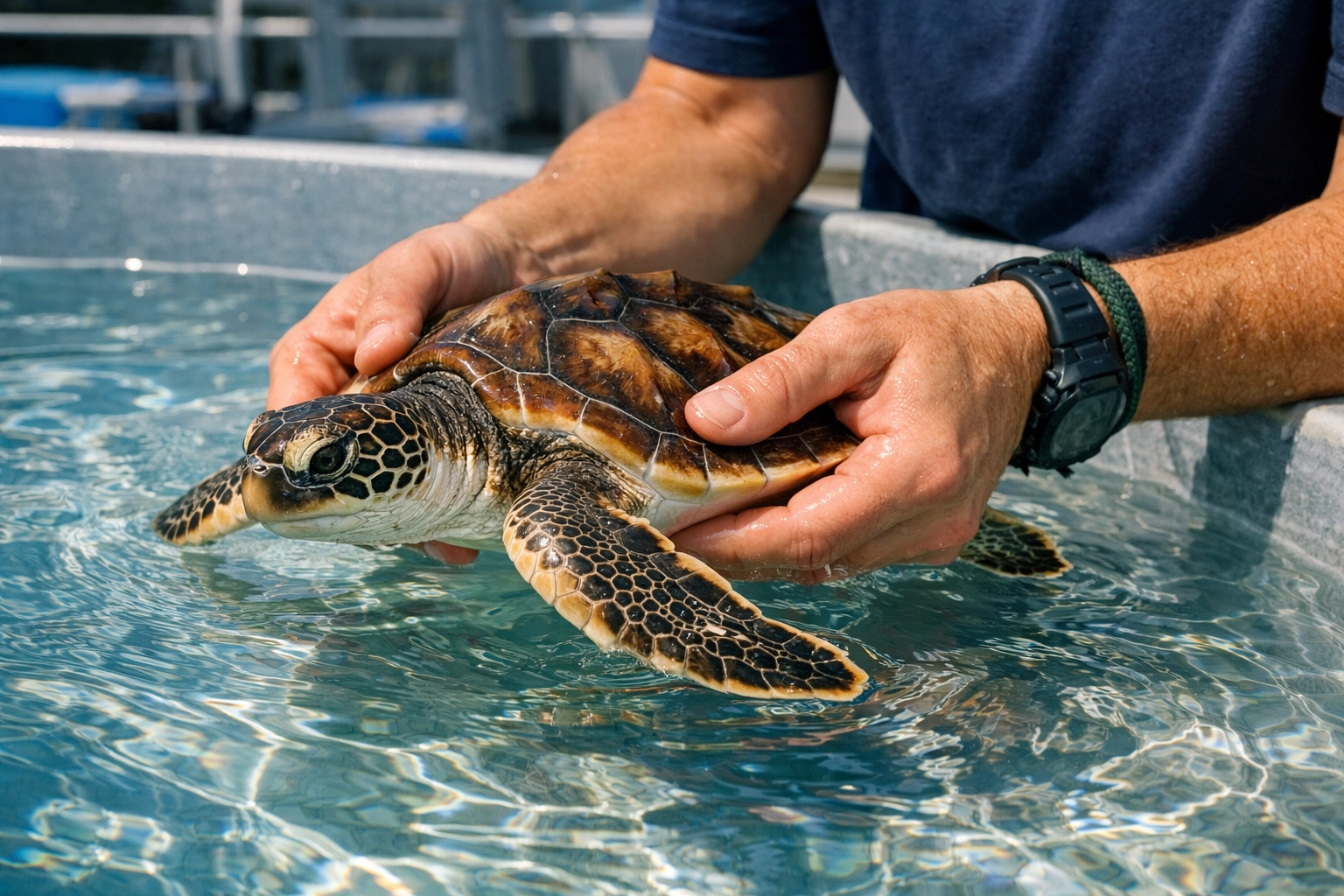 A conservationist caring for a juvenile sea turtle, illustrating a daily zoo conservation story.
