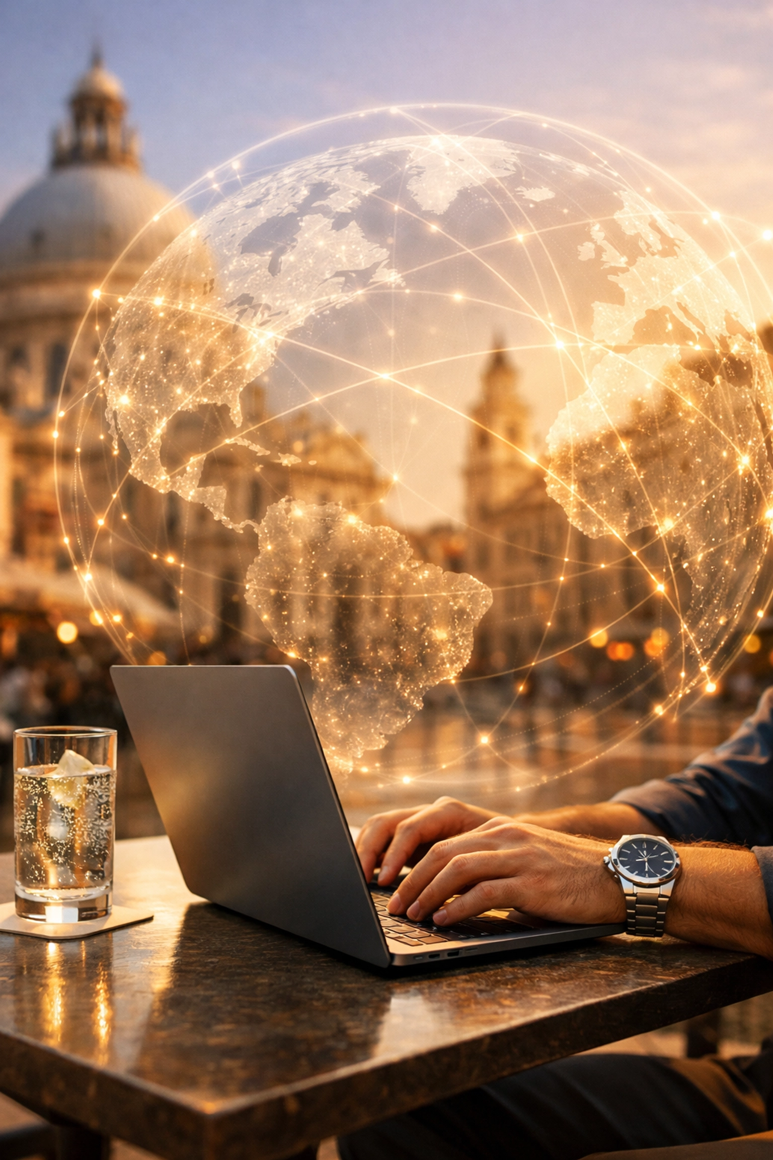 Freelancer working in a European plaza illustrating global tax treaty compliance and planning.