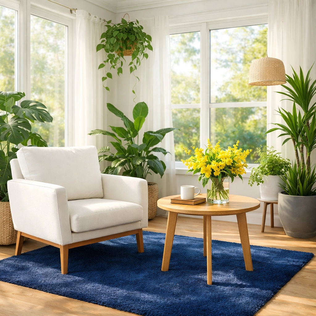 Sunny sunroom with plants showing the results of eco-friendly, non-toxic residential cleaning.