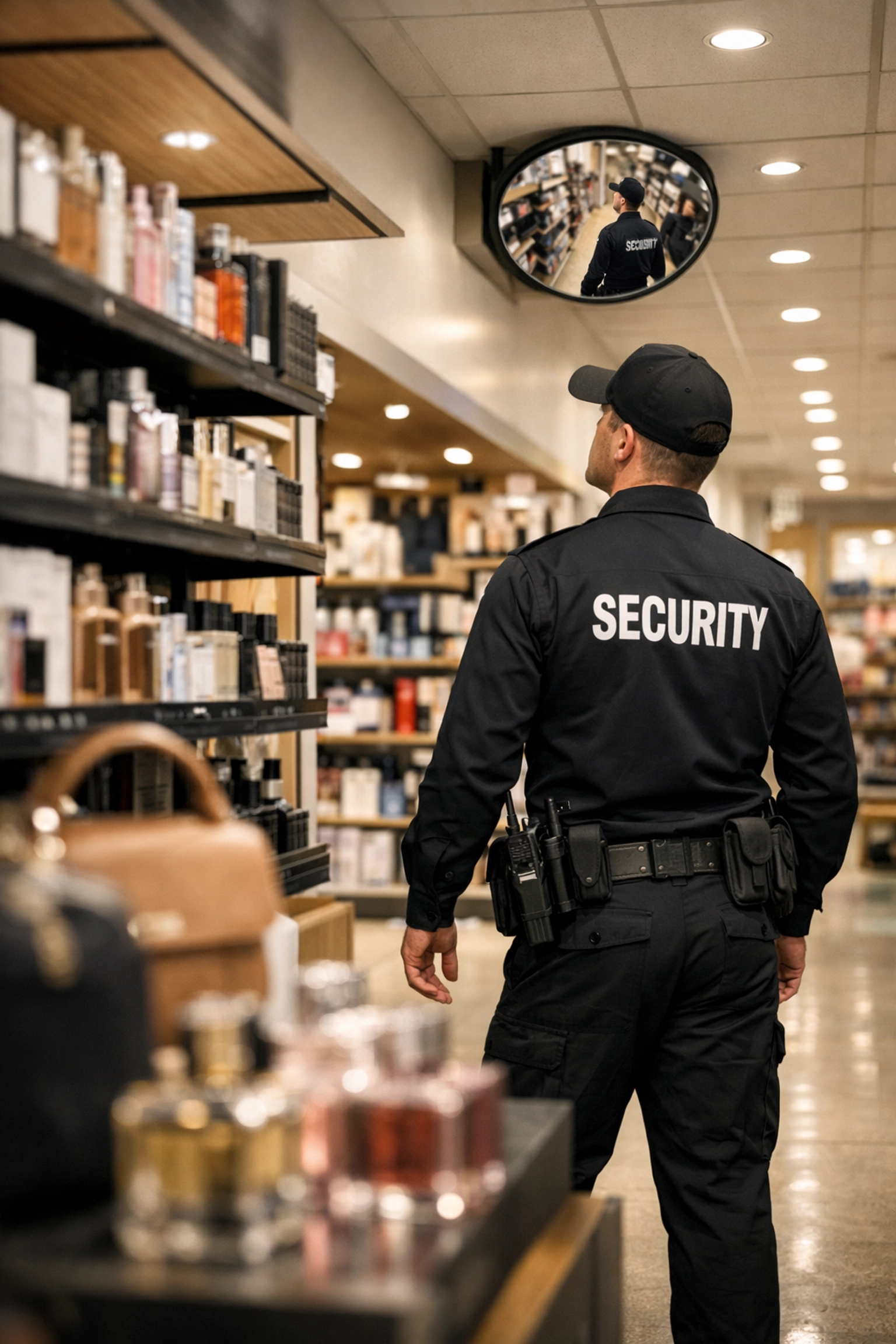 Security guard patrolling retail aisles and using convex mirrors to eliminate blind spots and theft.