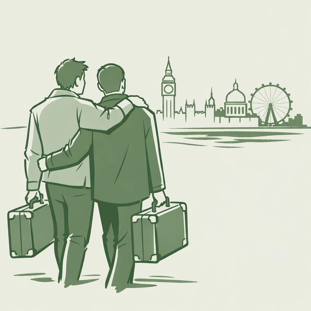Illustration of a gay couple with suitcases looking at the London skyline, a theme in gay contemporary romance.