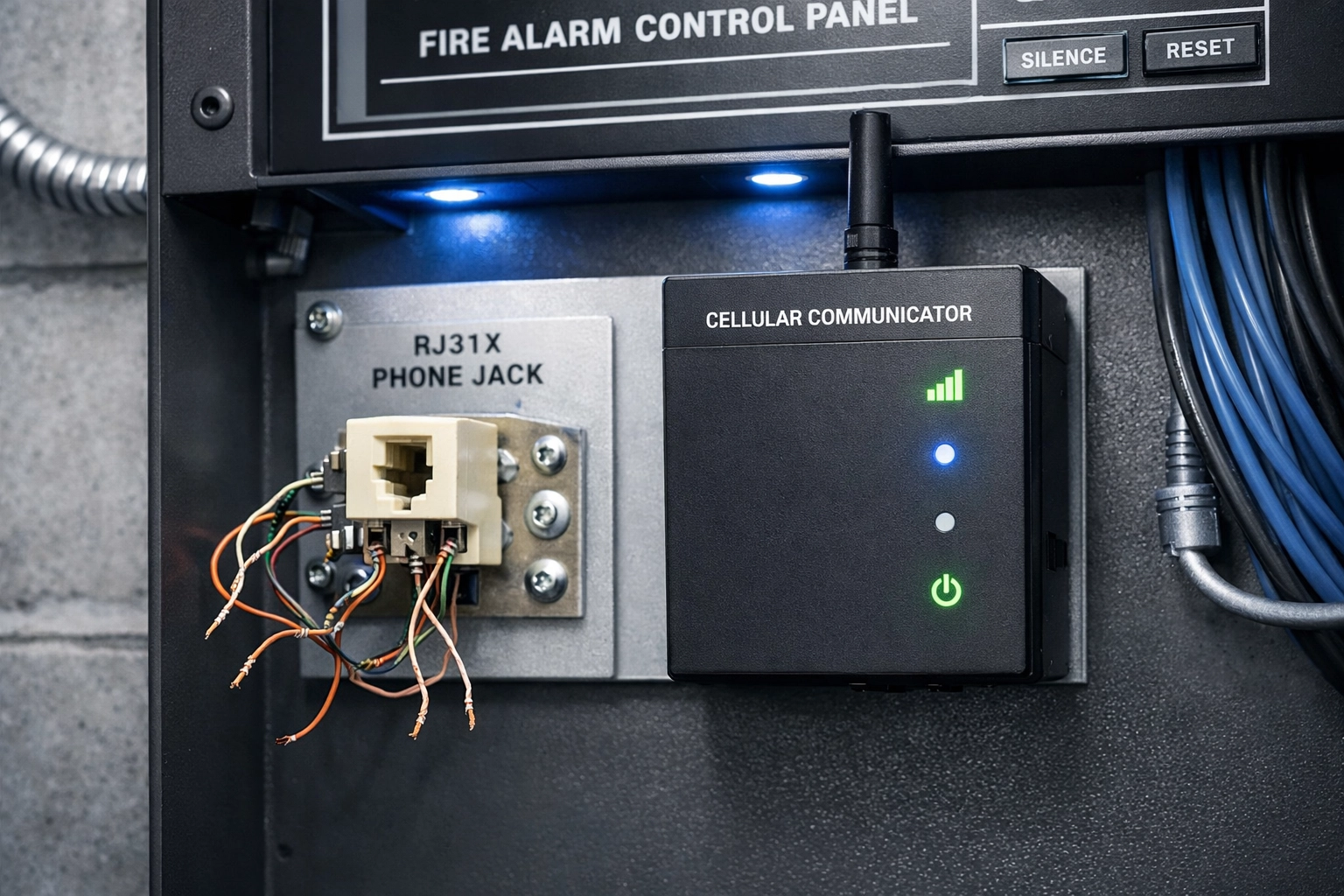 Fire alarm control panel showing NFPA 72 compliant cellular communicator replacing copper phone lines