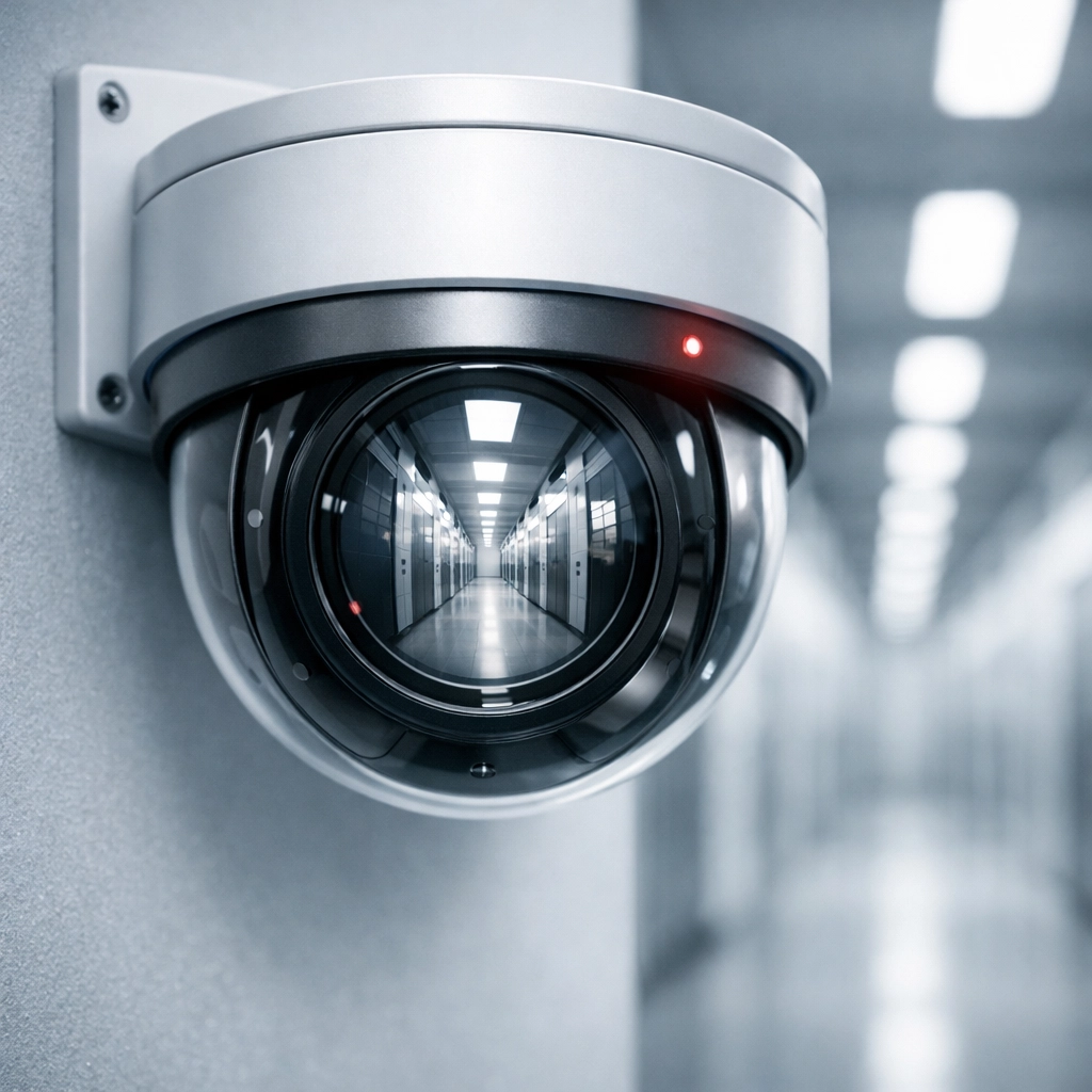 Modern HD security camera monitoring a secure Hertford storage facility with 24/7 protection.