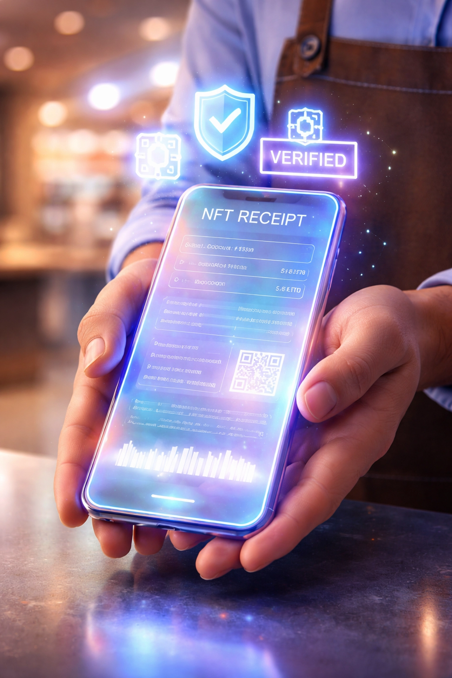 Merchant using a smartphone to view an NFT receipt with blockchain verification, illustrating secure crypto payments and accounting with Larecoin.