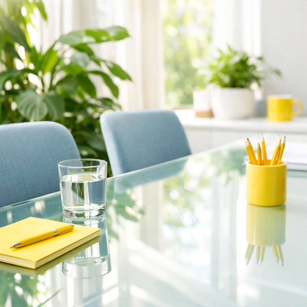 Sustainable commercial cleaning in a Holyoke office with spotless glass surfaces and healthy plants.