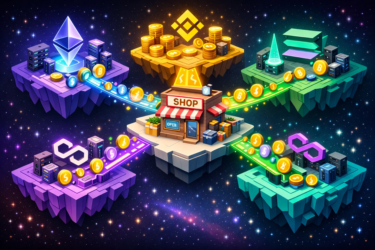 Multi-chain crypto payment networks including Ethereum, Solana, Binance and Polygon