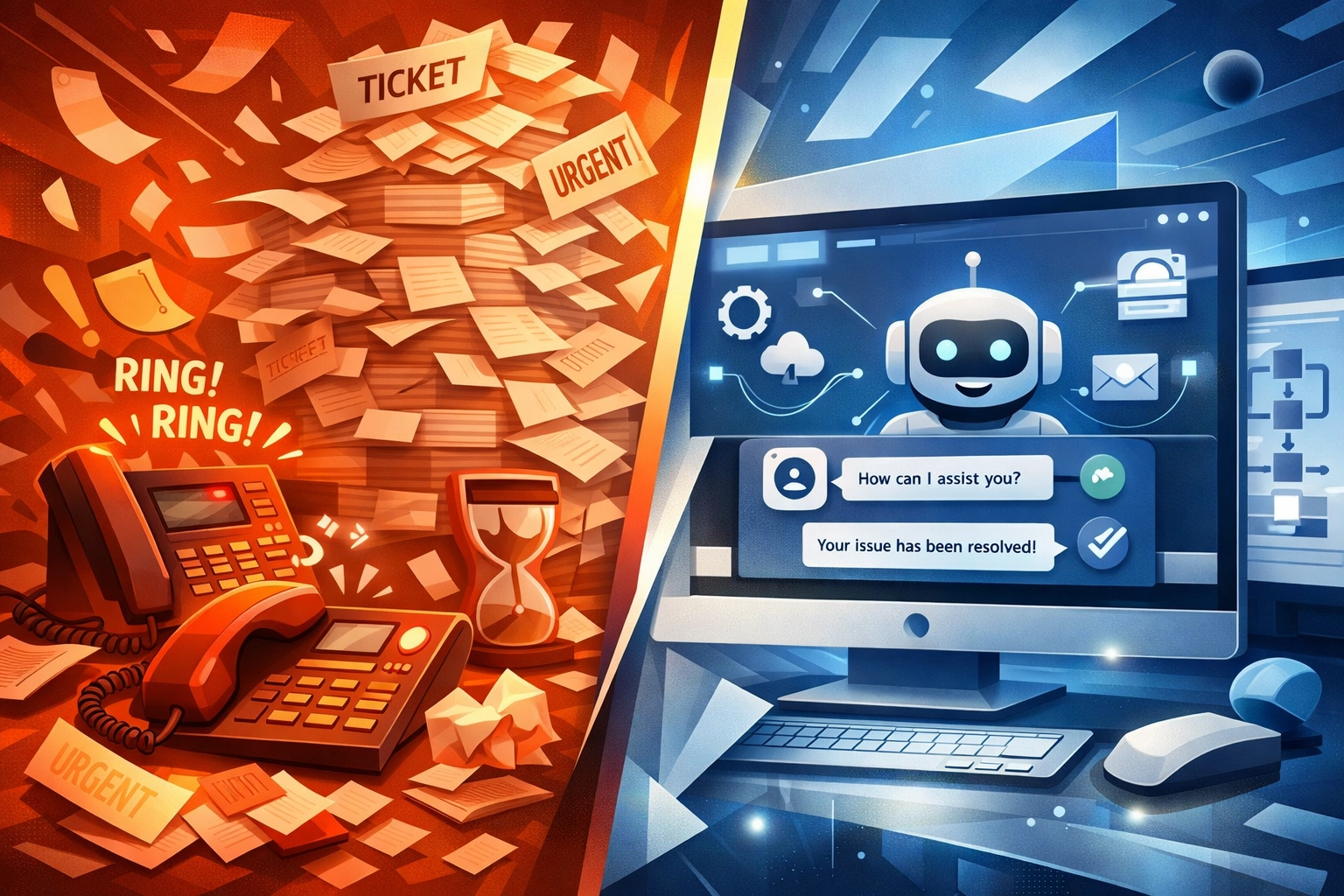 Traditional paper-based help desk versus modern AI-powered automated IT support system