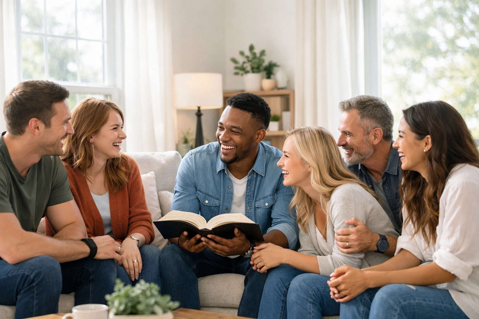 Friends sharing a Bible study in a bright living room, showing the community of Boundless Online Church and FA Memphis.