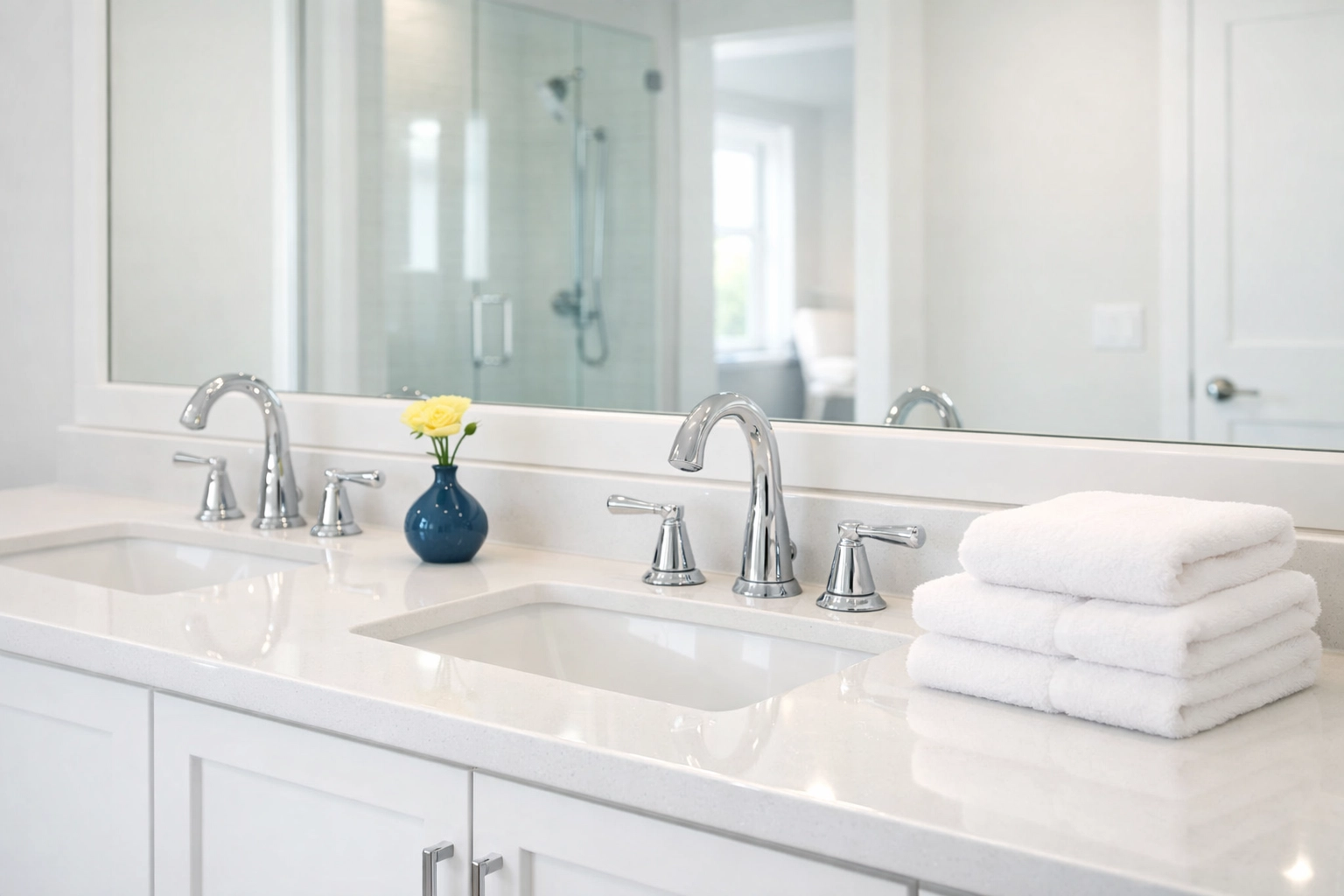 A sparkling clean and disinfected luxury bathroom vanity following house cleaning Newton MA.