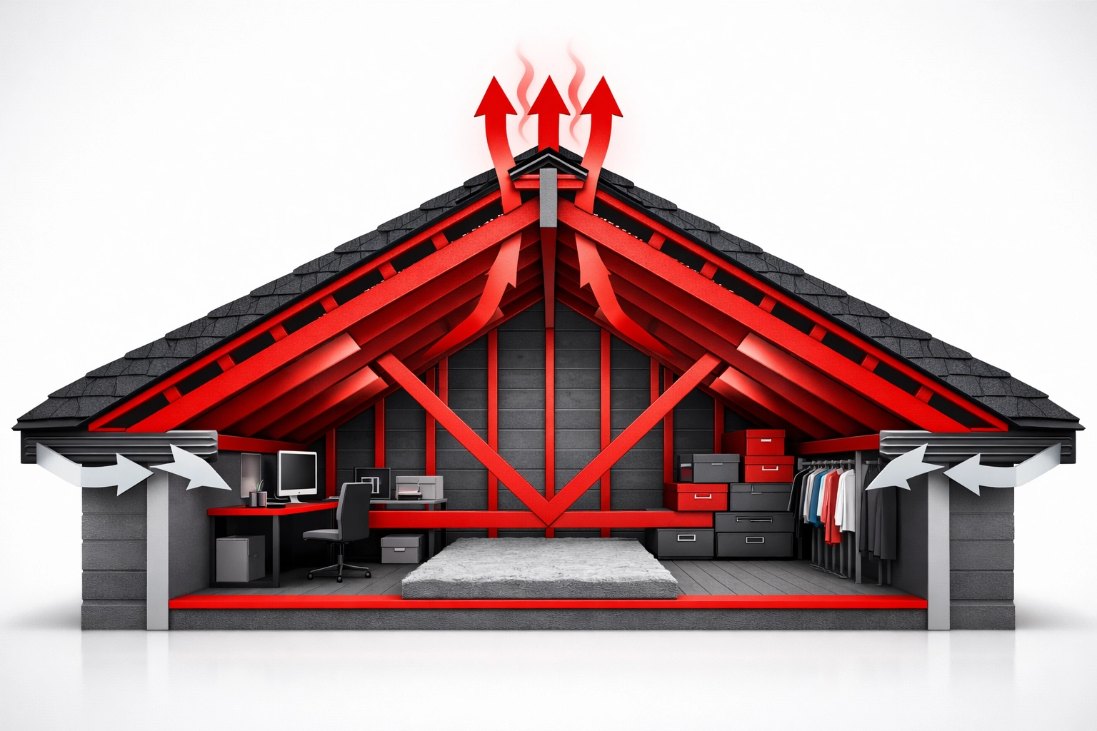 Diagram of attic airflow showing roof ventilation intake and exhaust for Salisbury MD shingle roofs.