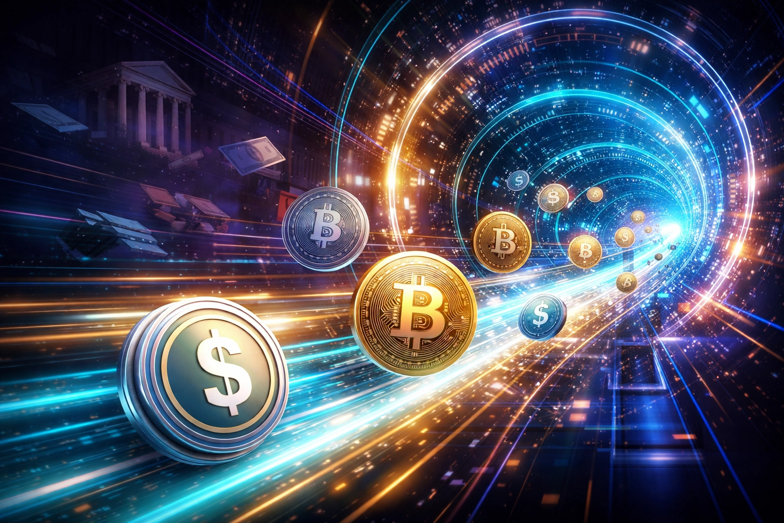 Digital coins and blockchain network illustrating the shift from legacy payment systems to fast, low-fee Web3 stablecoin transactions.