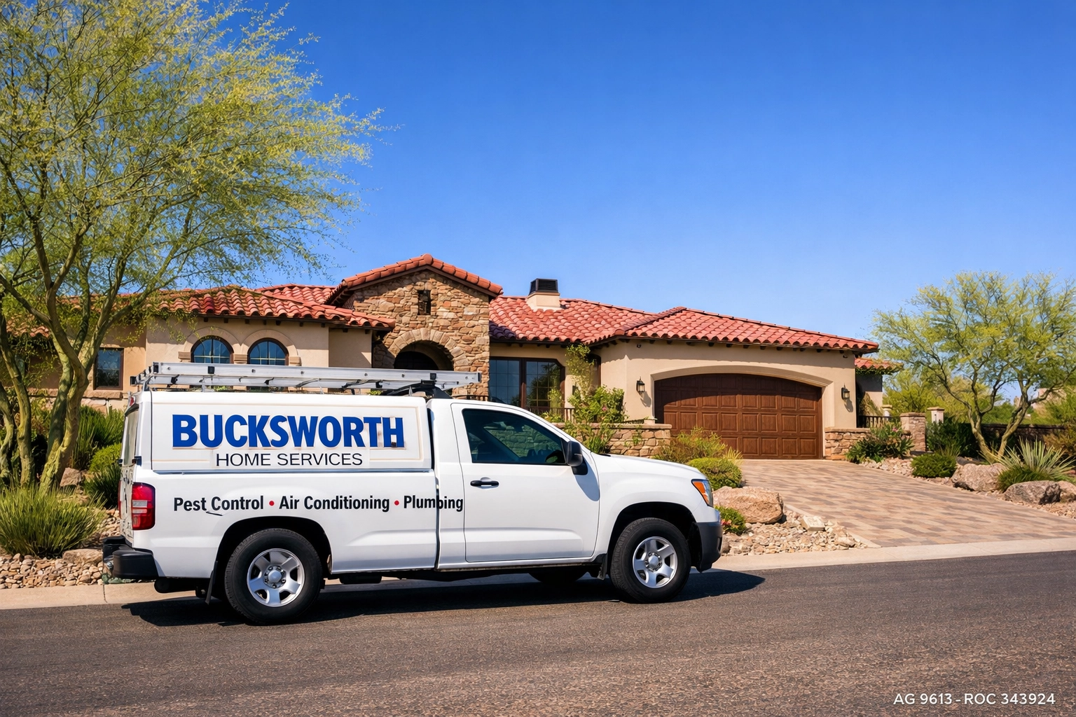 Reliable Bucksworth Home Services truck providing fast AC repair in a Peoria residential community.