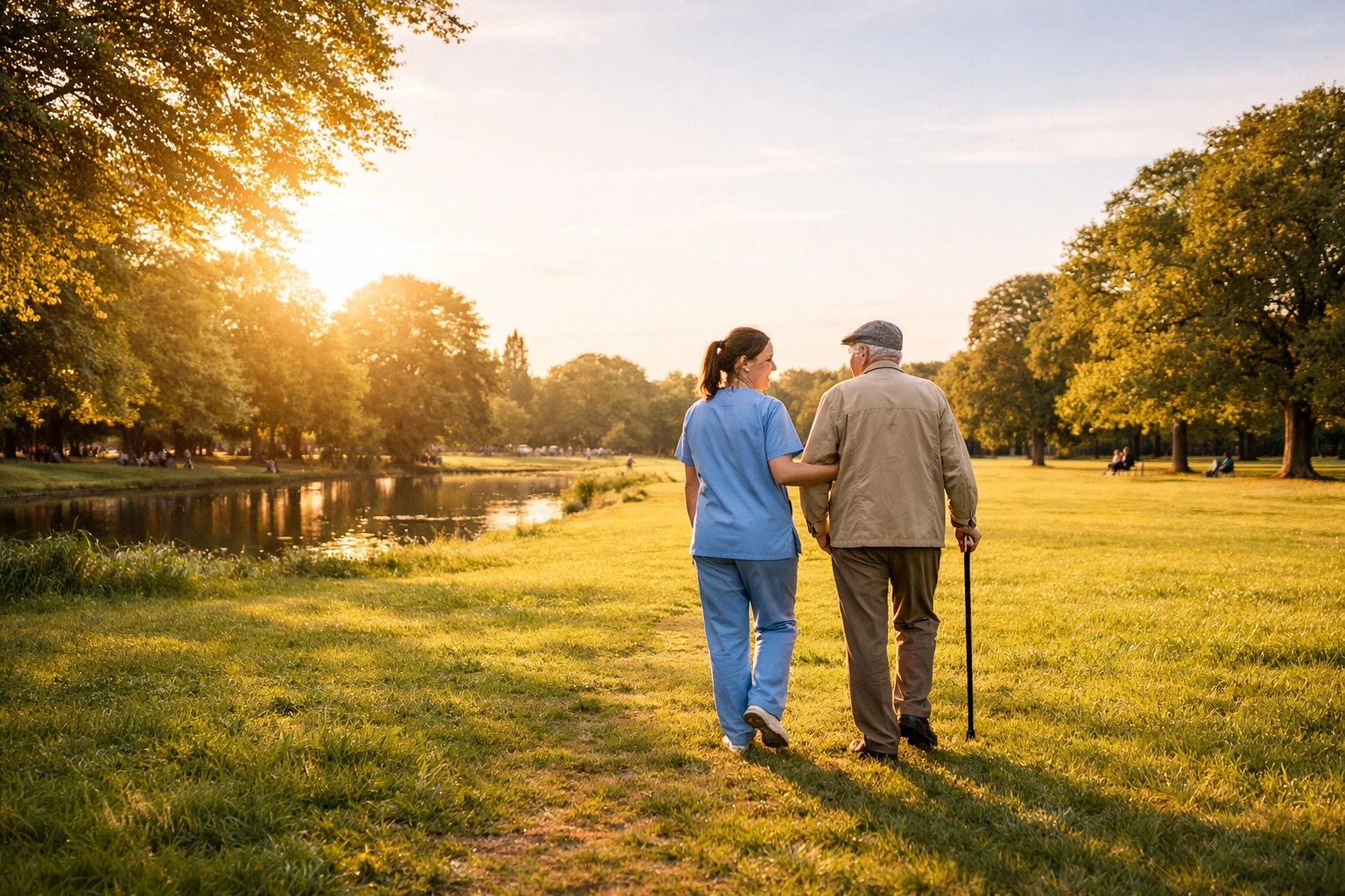 A carer and an elderly gentleman enjoying a peaceful walk in a Southampton park.