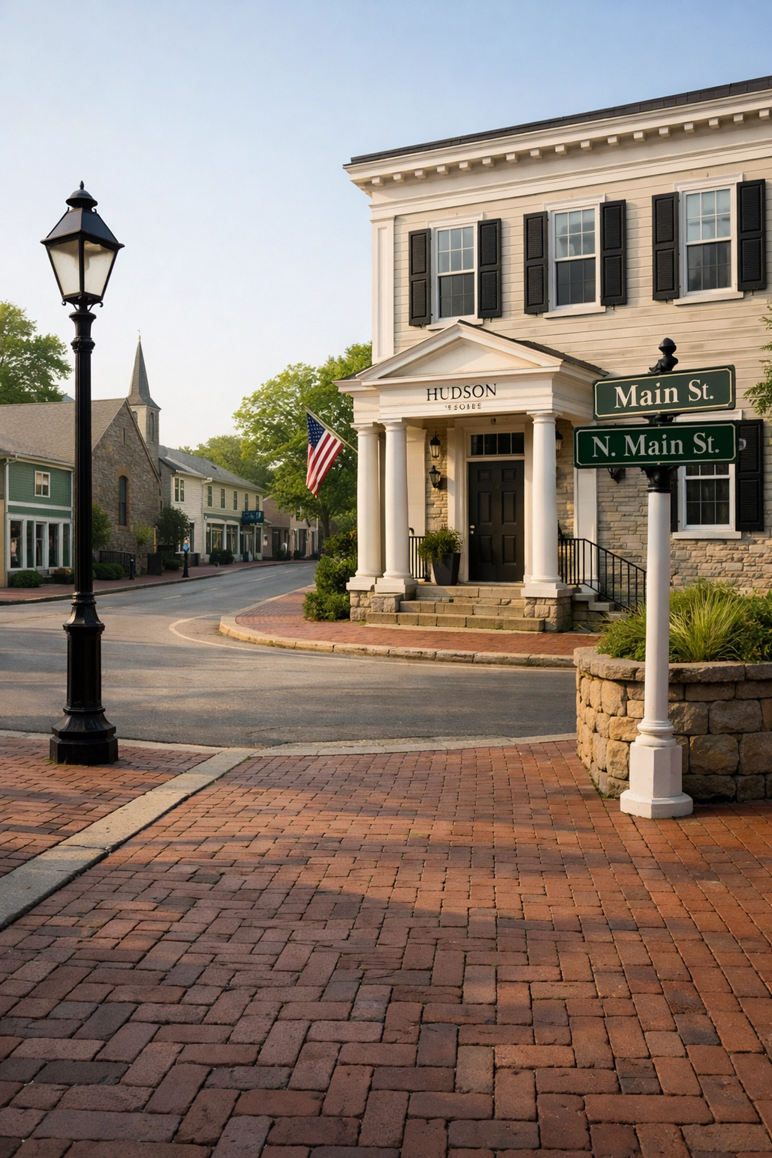 Historic Western Reserve style architecture and brick sidewalks in downtown Hudson, Ohio.