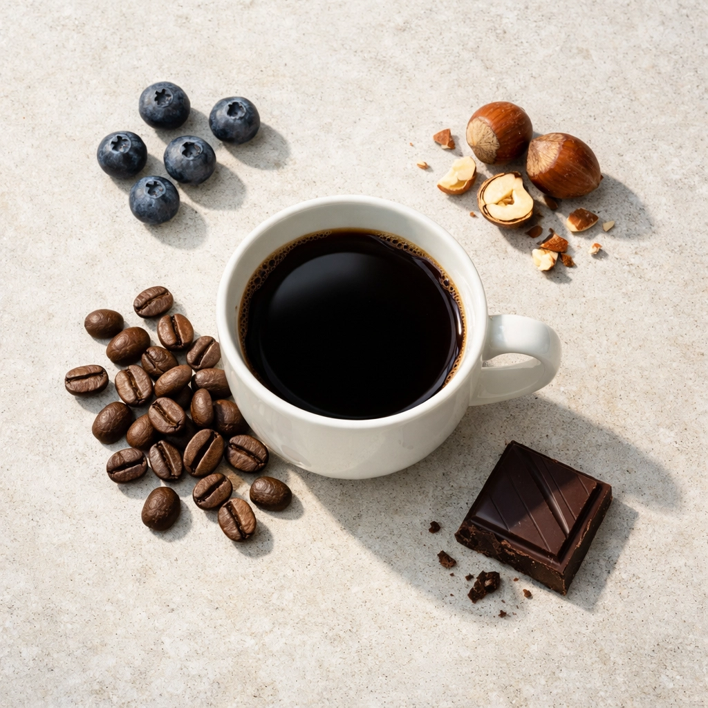 Top-down view of a specialty coffee cup with blueberries and chocolate representing vibrant flavor profiles.