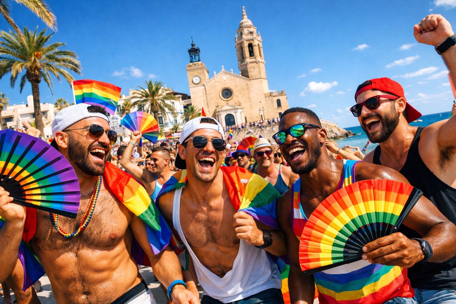 Crowd of men celebrating Sitges Pride with rainbow flags along the Mediterranean coastal promenade.