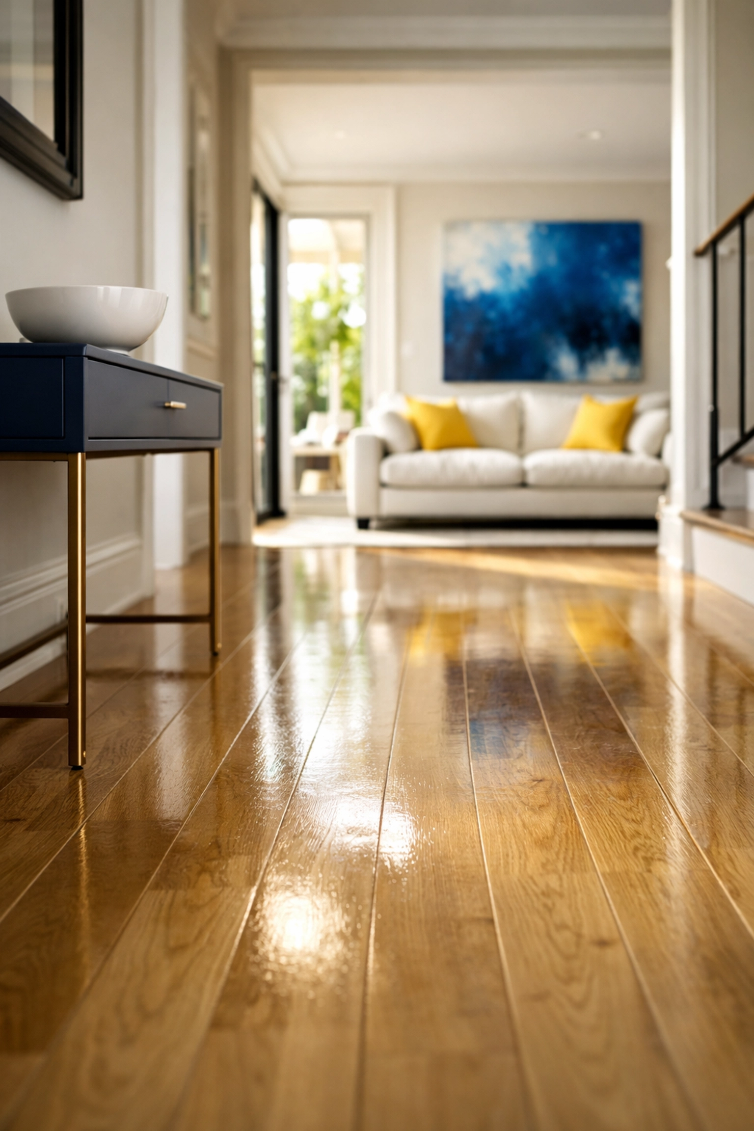 Sun-drenched home entryway with polished hardwood floors after a bi-weekly house cleaning service.