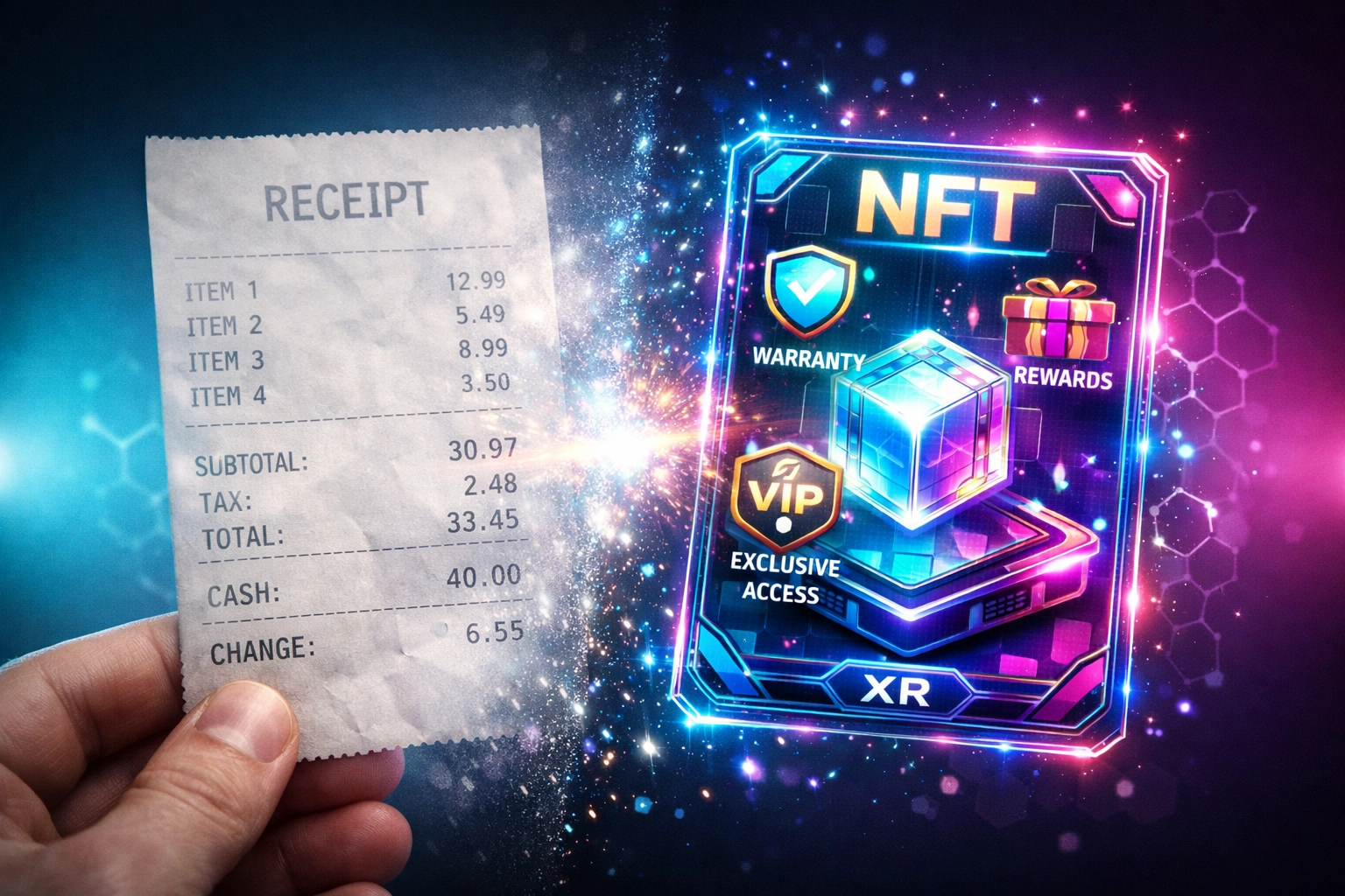 Traditional paper receipt transforming into NFT receipt with embedded rewards and warranties