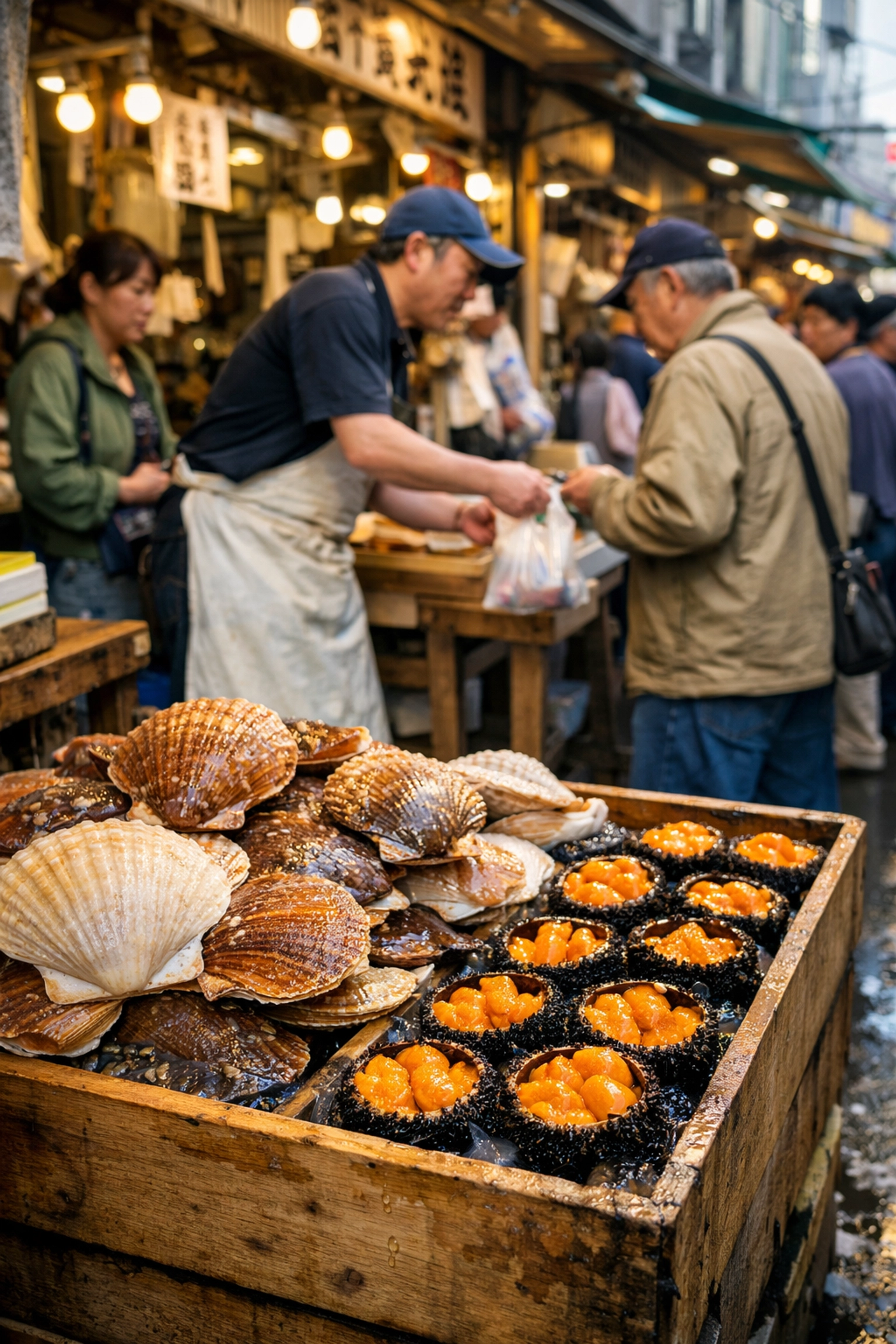 Fresh seafood including scallops and sea urchin at a stall in the historic Tsukiji Outer Market.