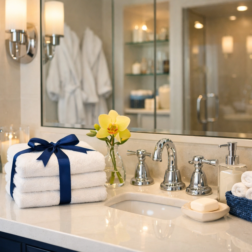 Luxury house cleaning MA bathroom vanity with organized towels and polished fixtures.
